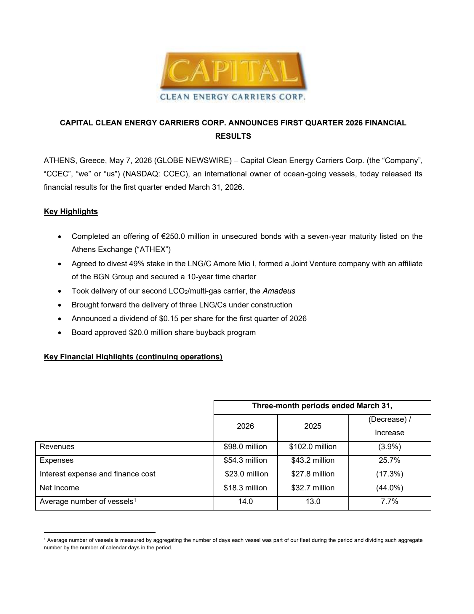 Capital Clean Energy Carriers' Q1 2026 Press Release