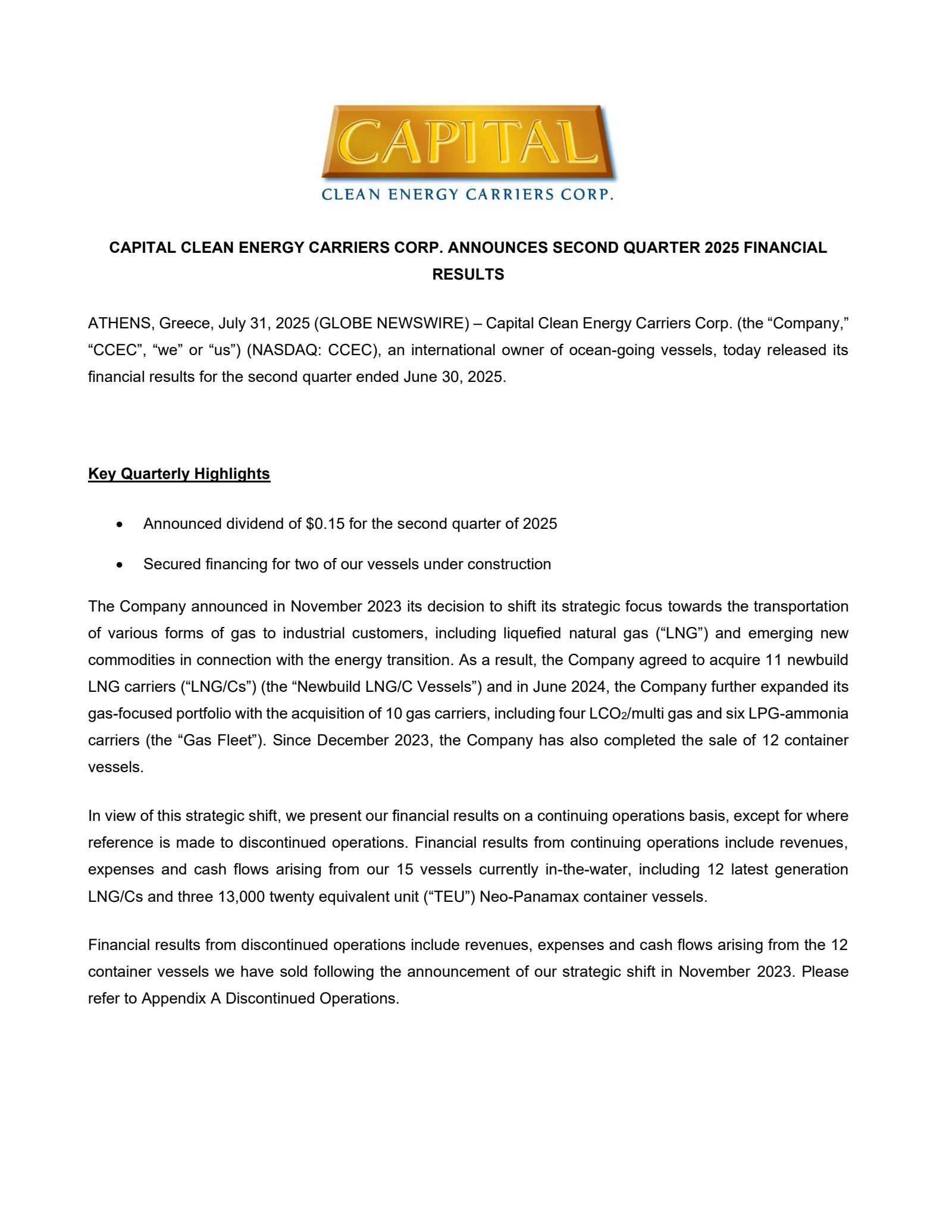 Capital Clean Energy Carriers' Q2 2025 Press Release