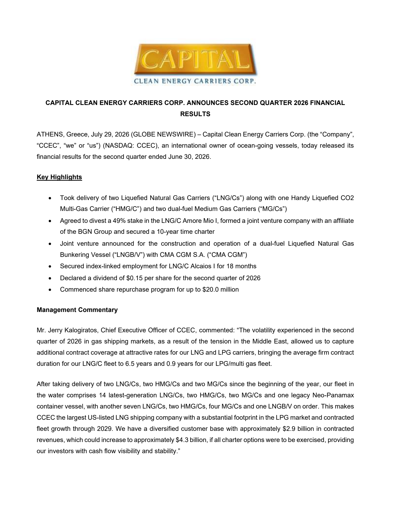 Capital Clean Energy Carriers' Q2 2026 Press Release