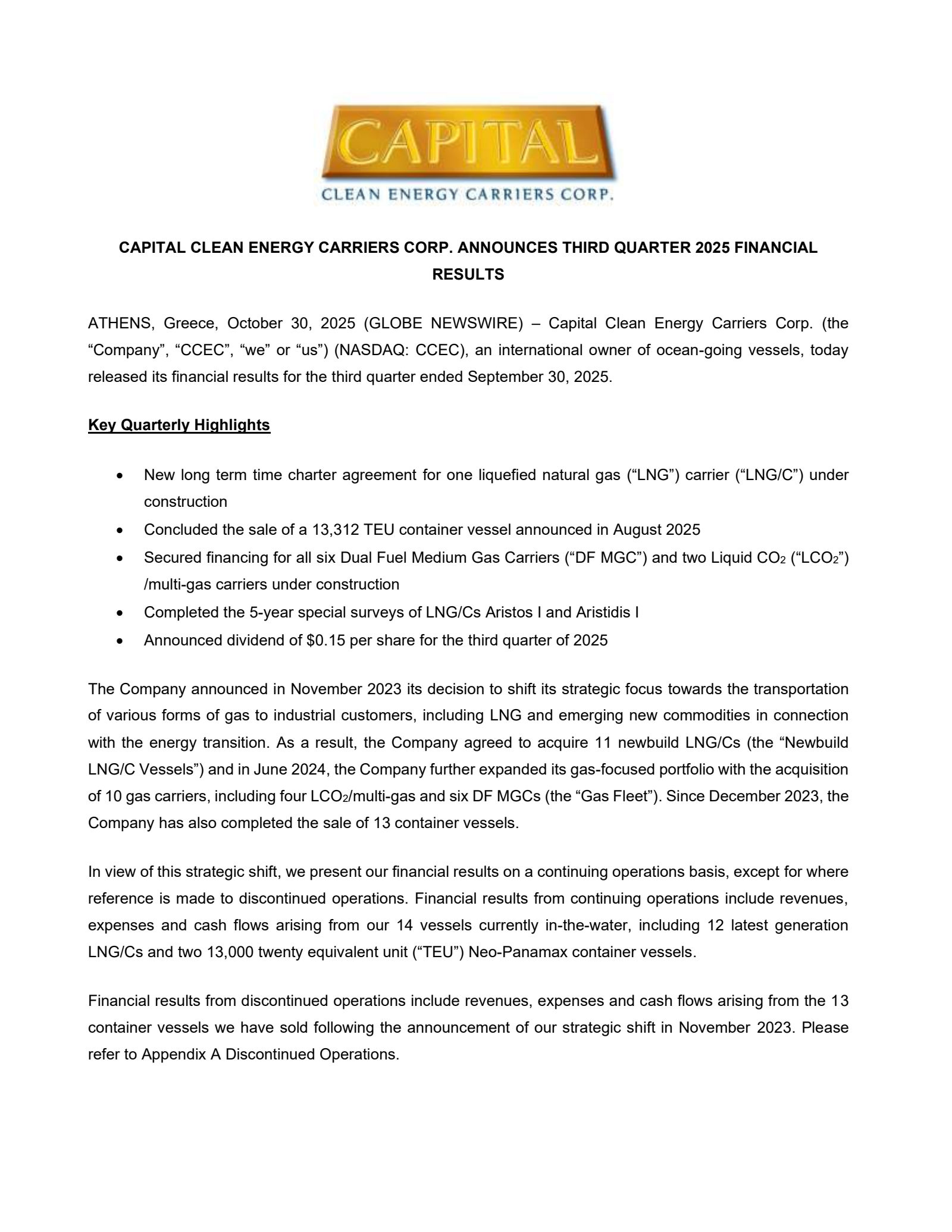 Capital Clean Energy Carriers' Q3 2025 Earnings Release
