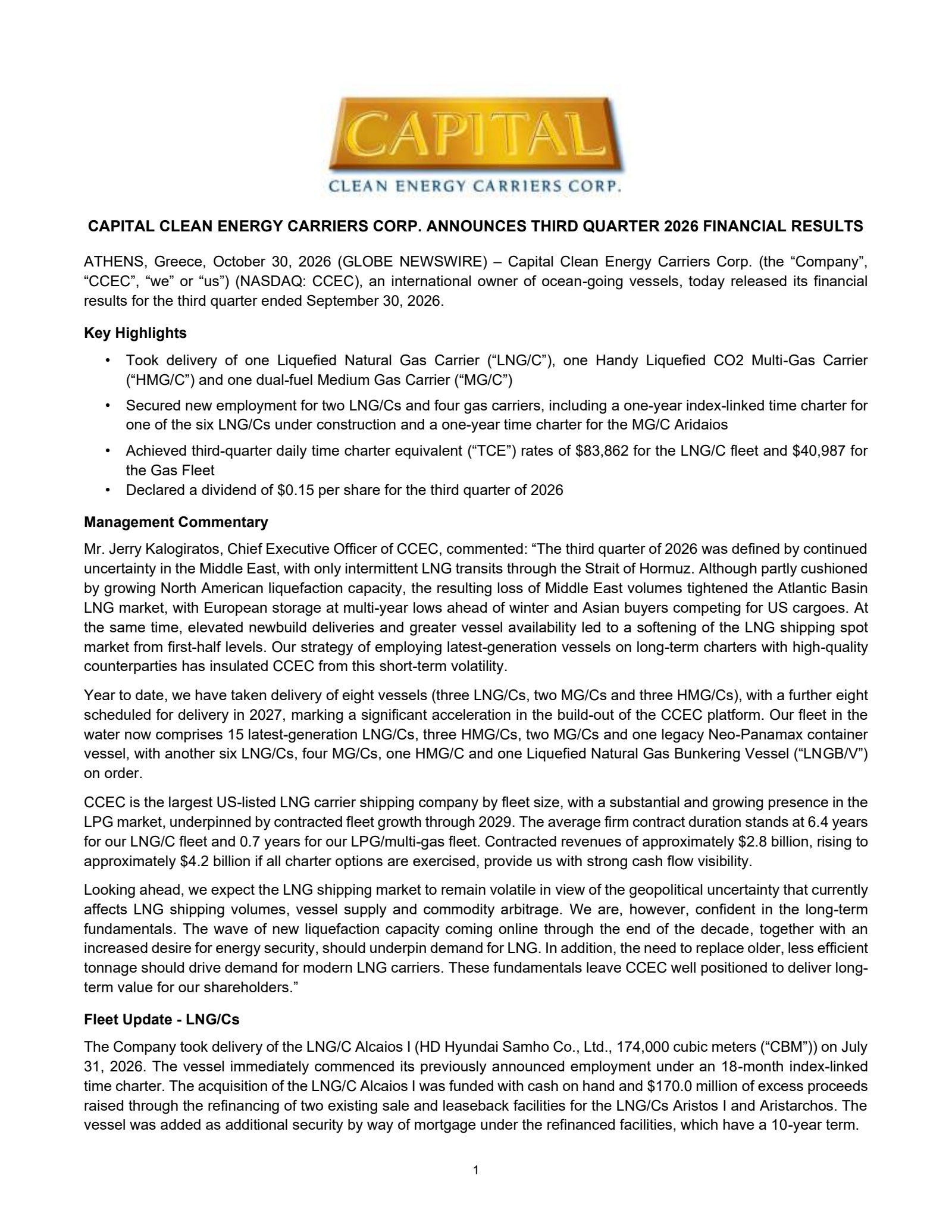 Capital Clean Energy Carriers' Q3 2026 Press Release