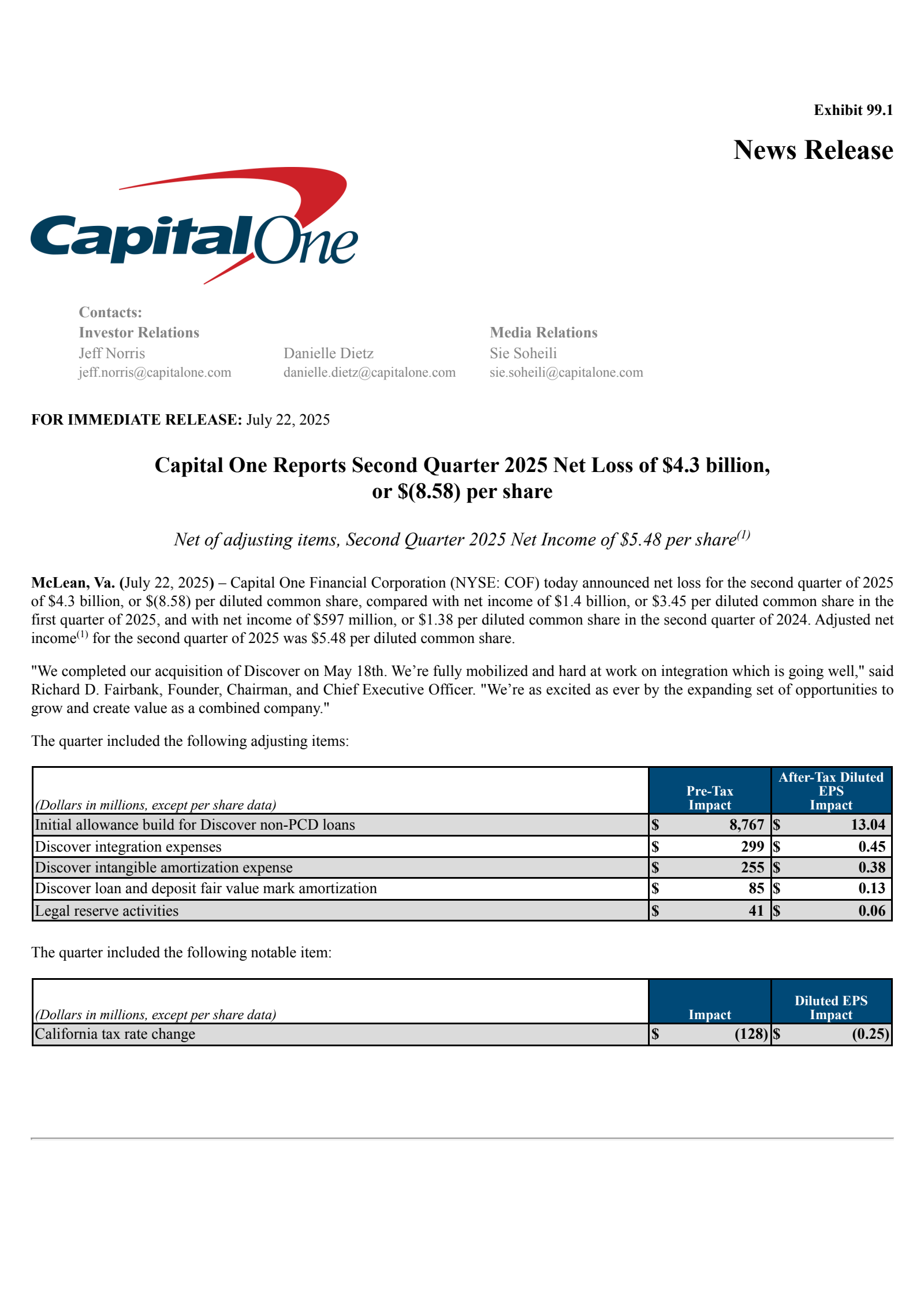 Capital One Financial's Q2 2025 Press Release