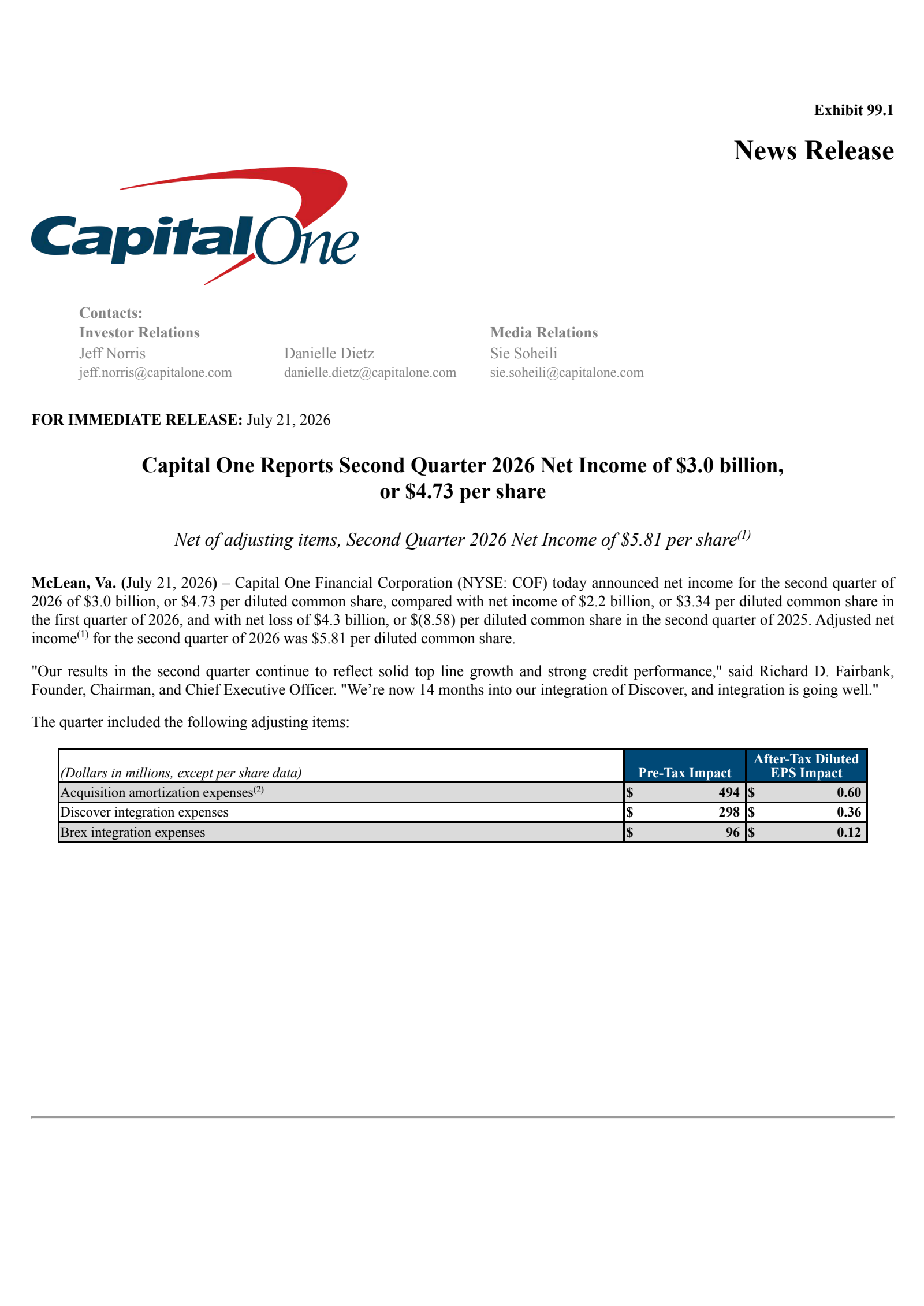 Capital One Financial's Q2 2026 Press Release