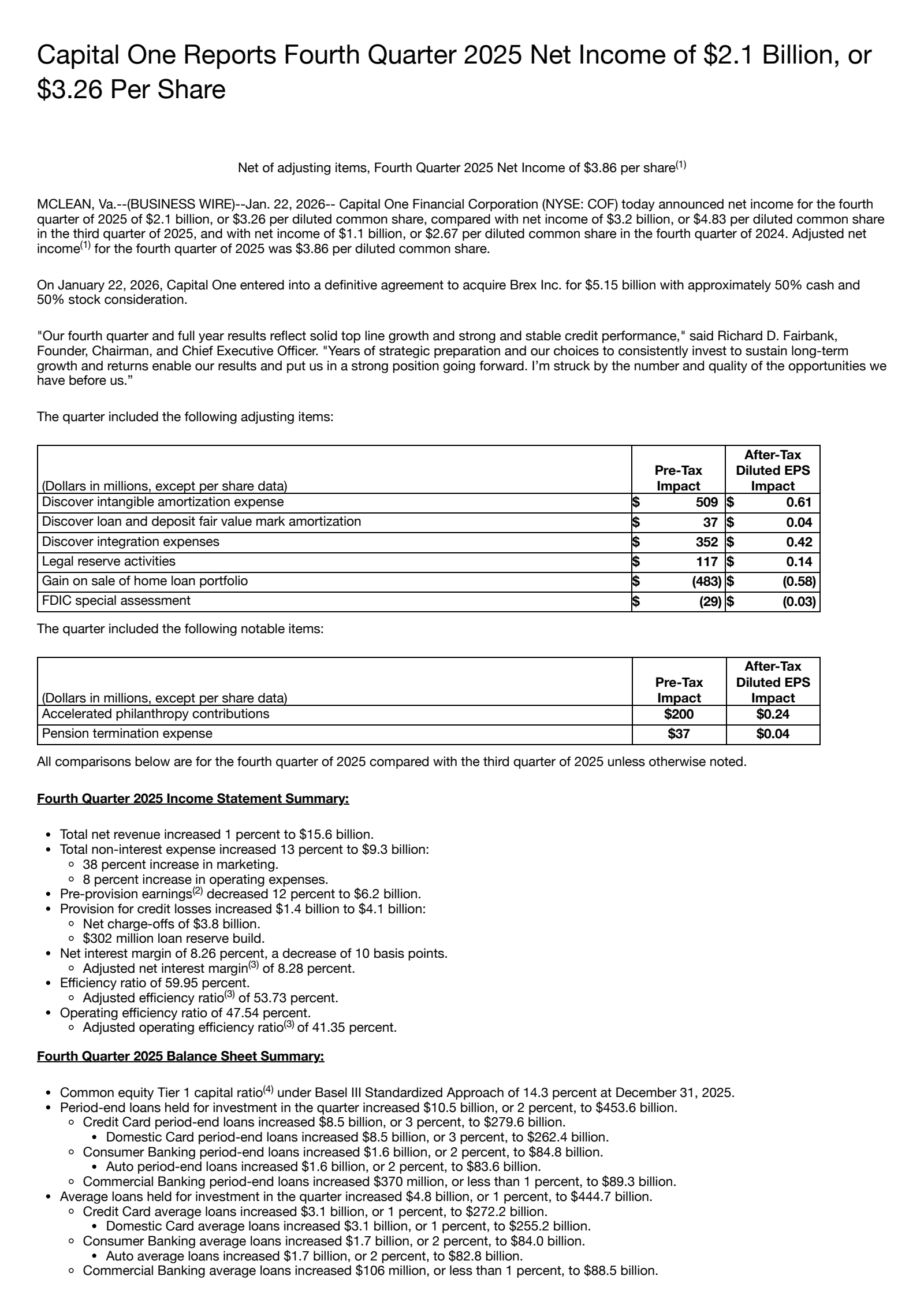 Capital One Financial's Q4 2025 Press Release