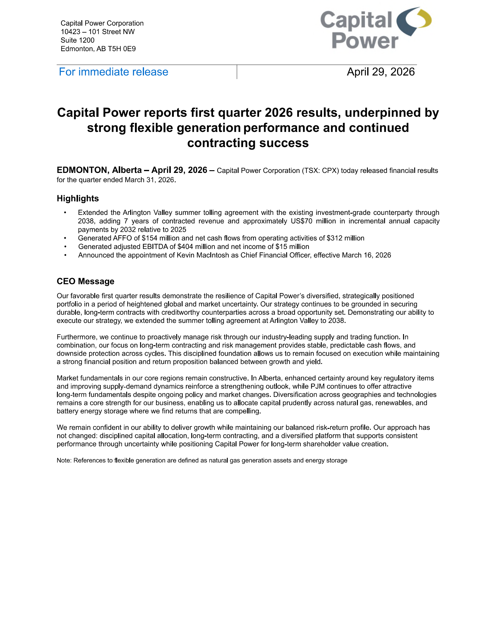 Capital Power's Q1 2026 Press Release