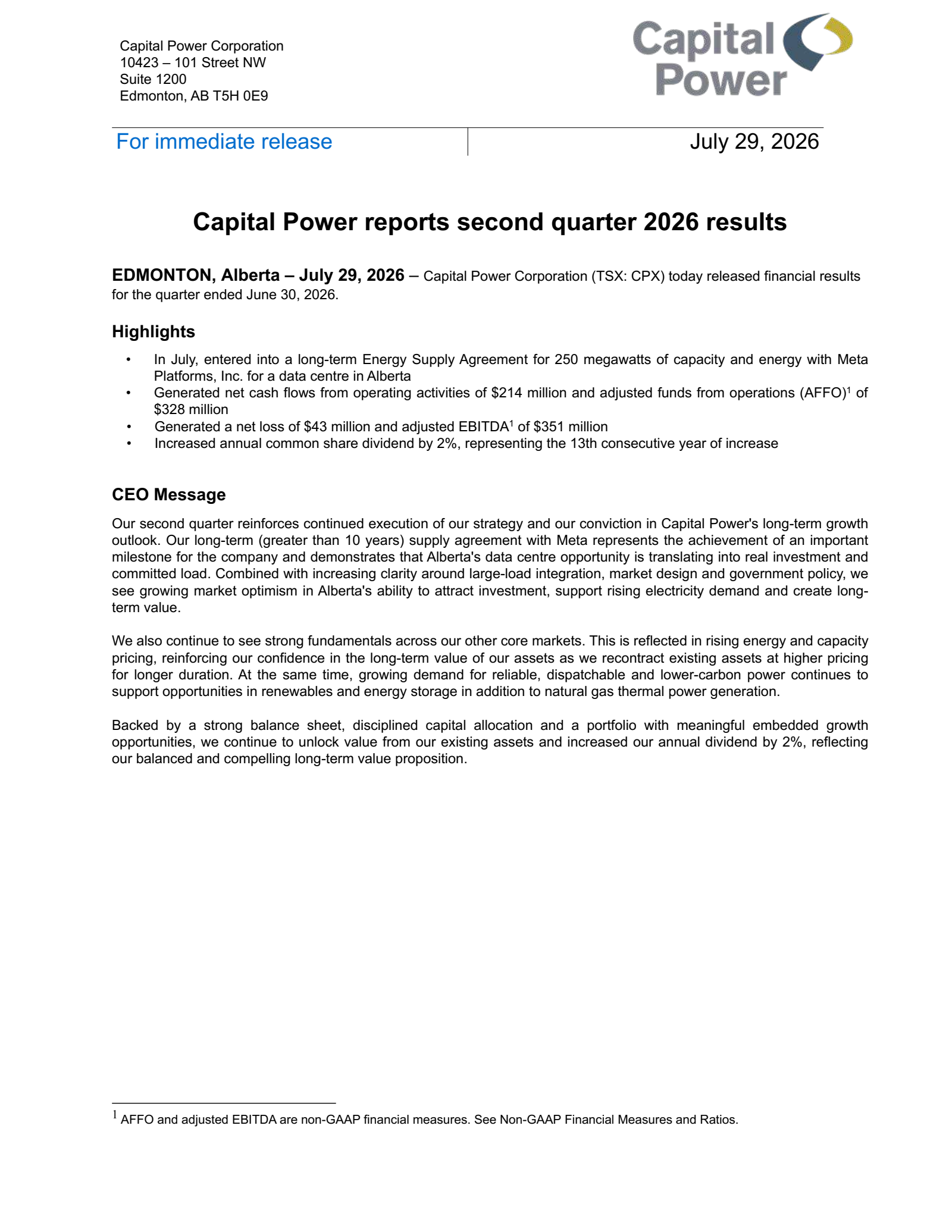 Capital Power's Q2 2026 Press Release