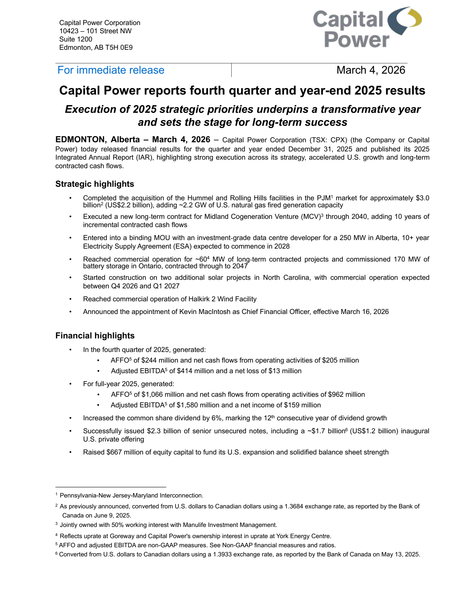 Capital Power's Q4 2025 Press Release