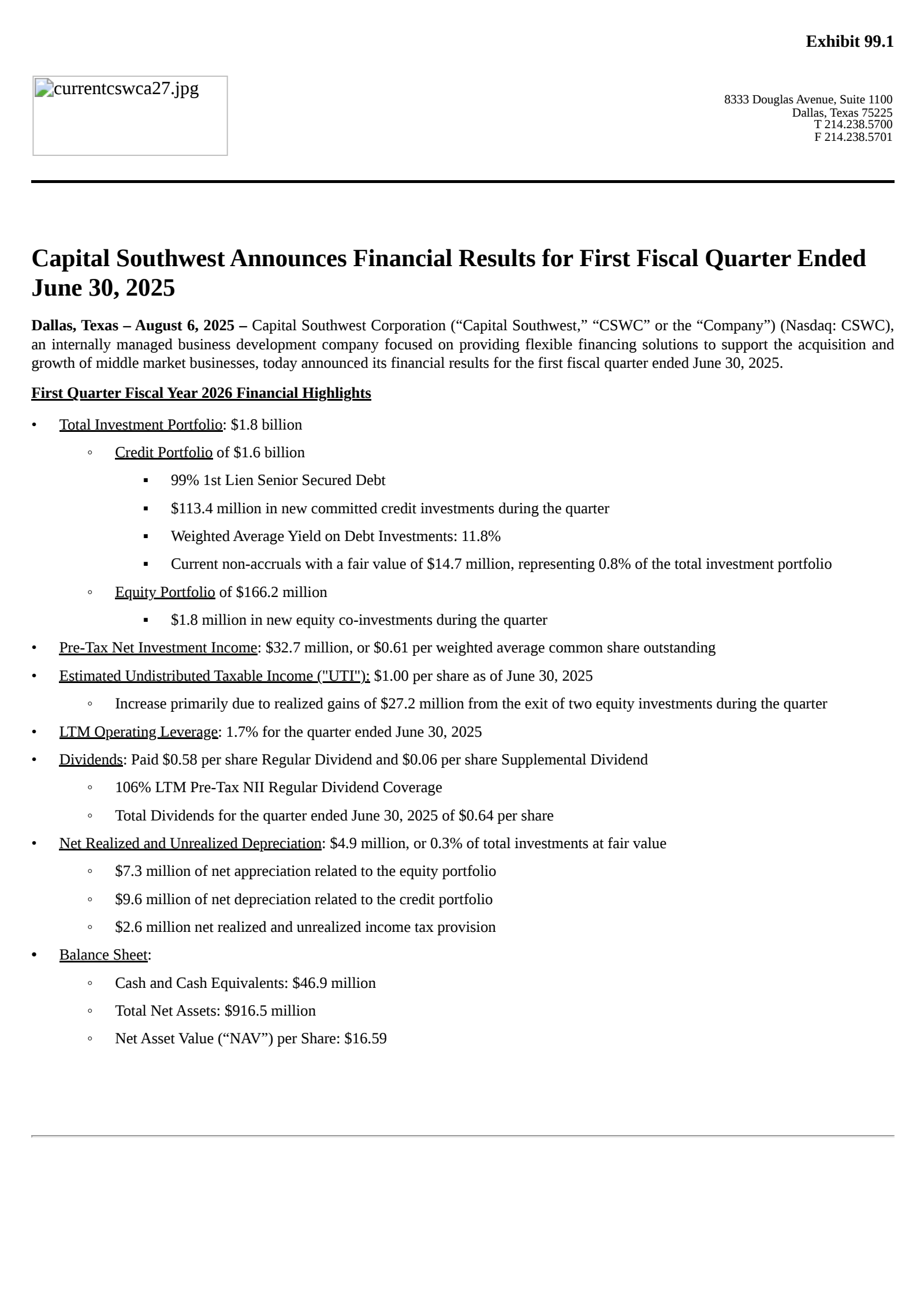 Capital Southwest's Q1 2026 Press Release