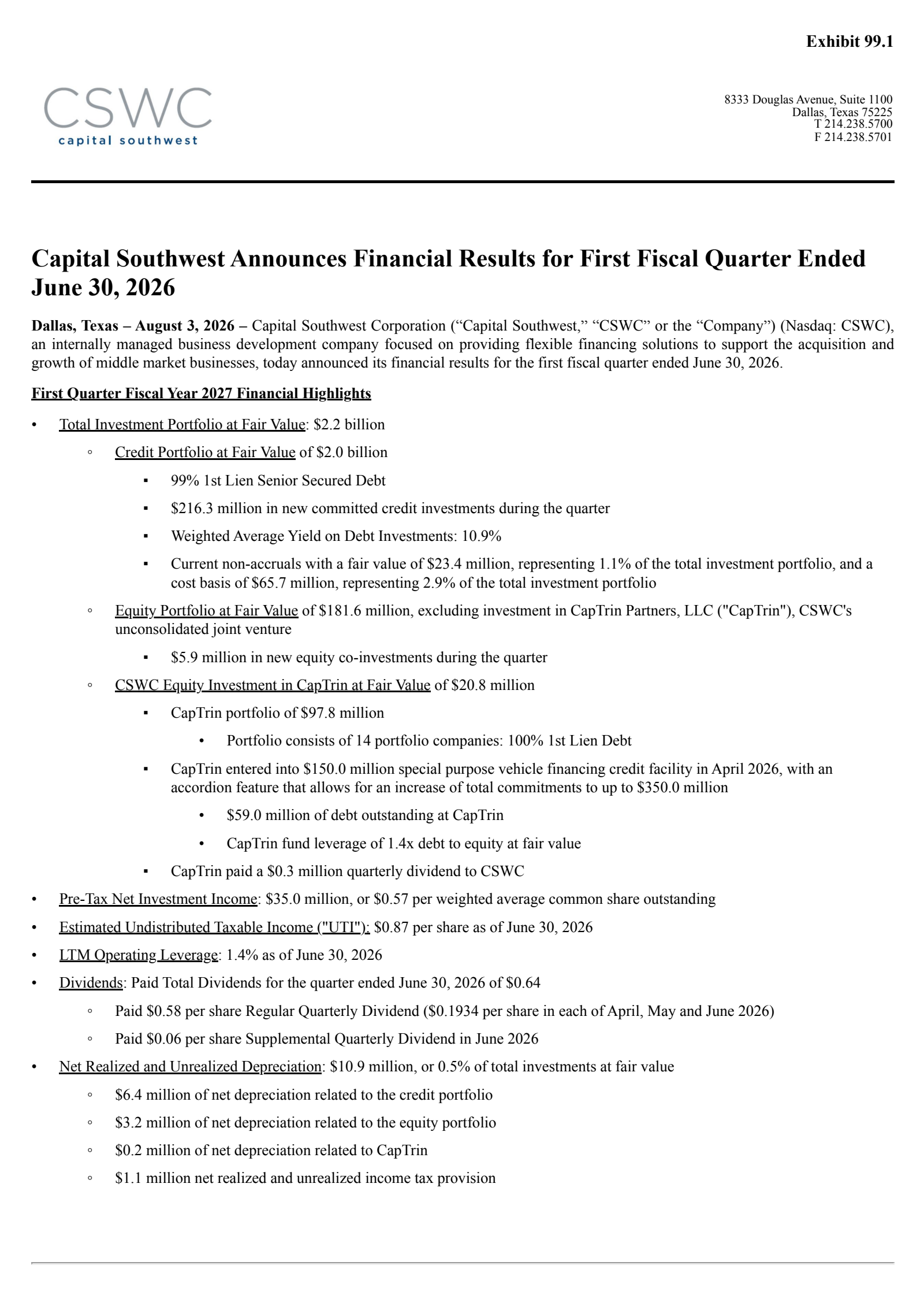 Capital Southwest's Q1 2027 Press Release