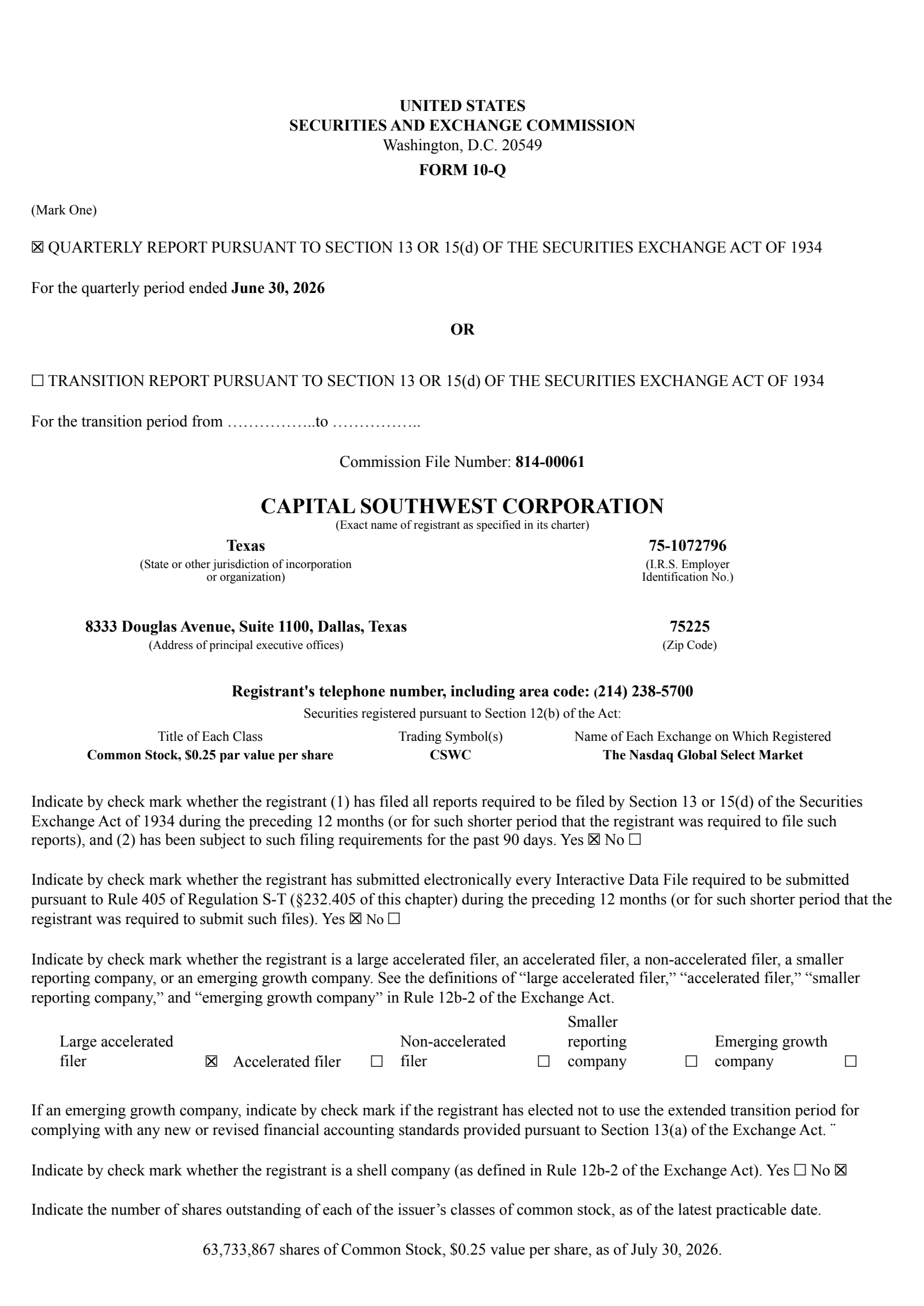 Capital Southwest's Q1 2027 Quarterly report