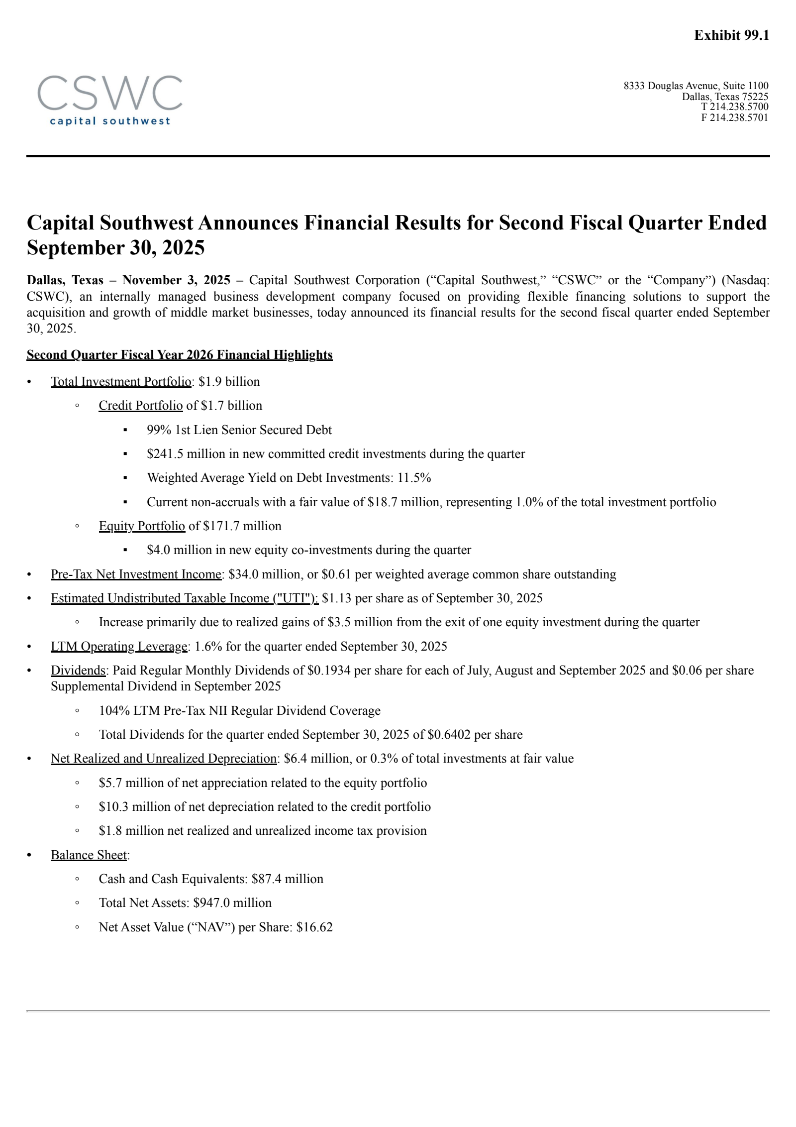 Capital Southwest's Q2 2026 Earnings Release