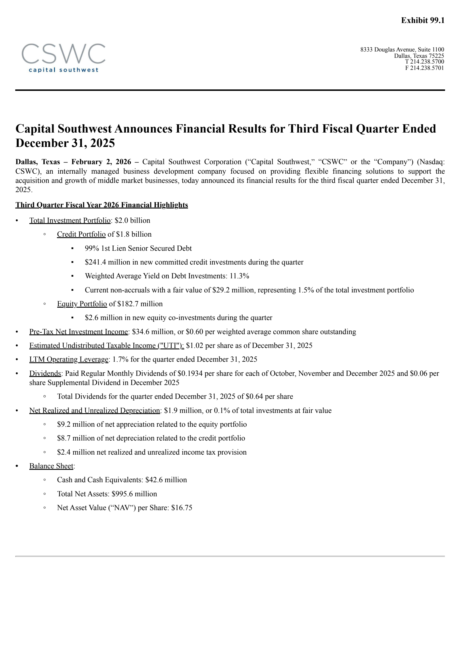 Capital Southwest's Q3 2026 Press Release