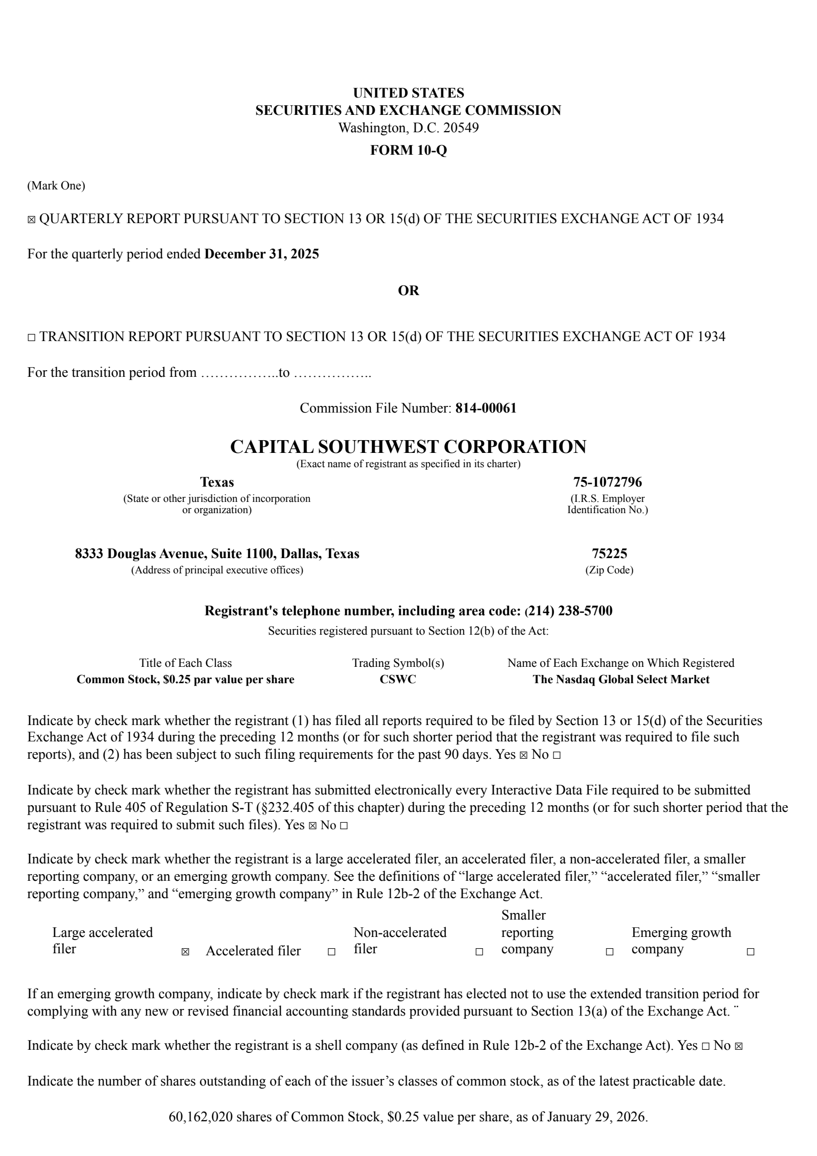 Capital Southwest's Q3 2026 Quarterly report