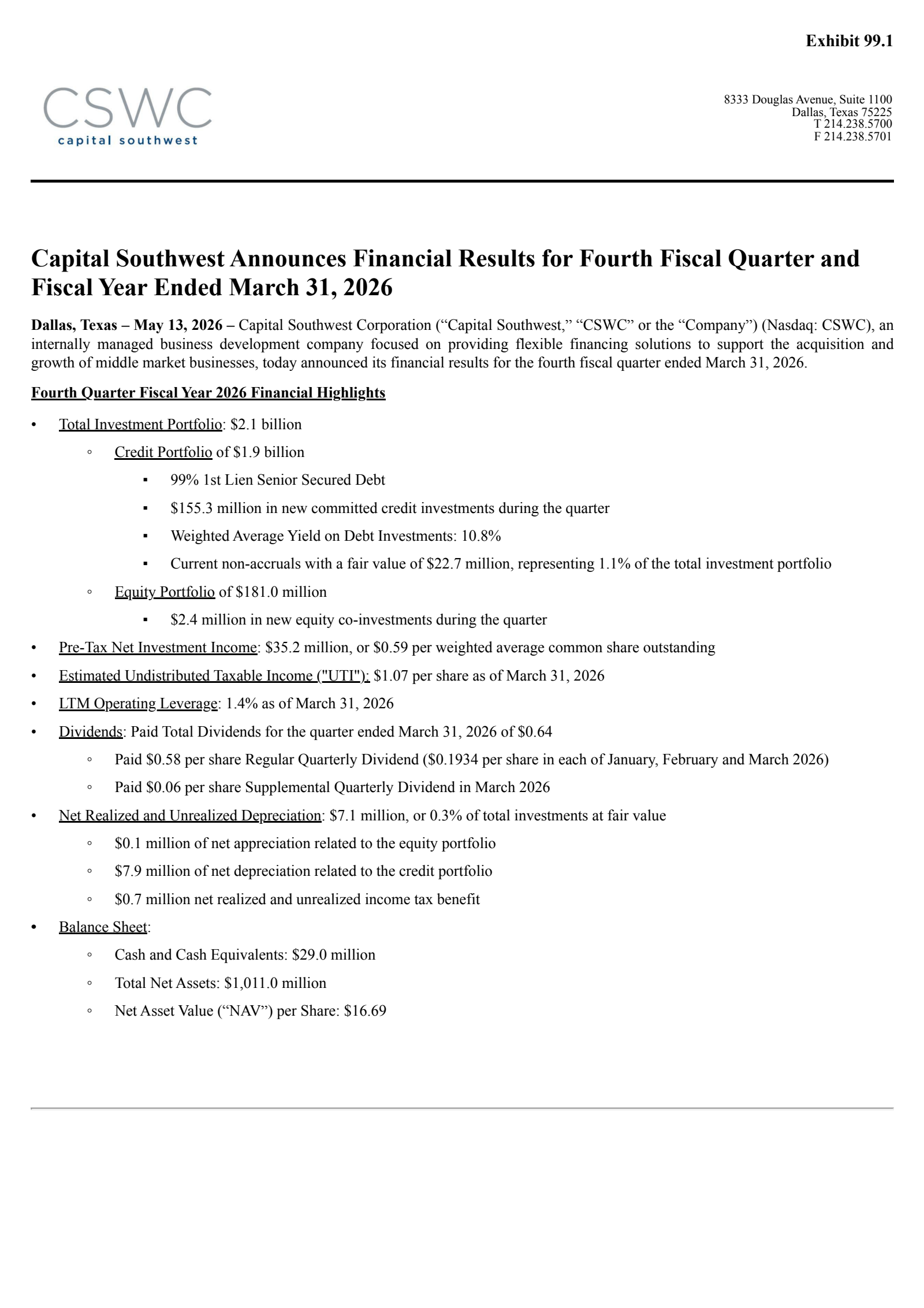 Capital Southwest's Q4 2026 Press Release