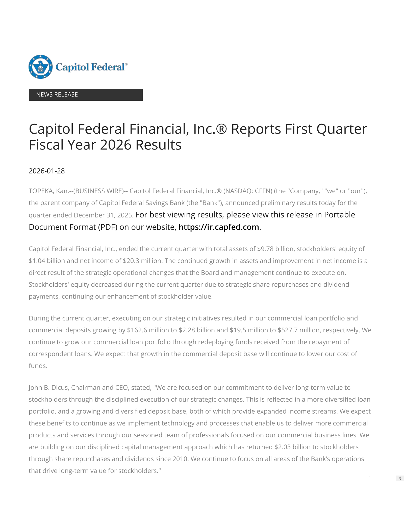 Capitol Federal Financial's Q1 2026 Press Release