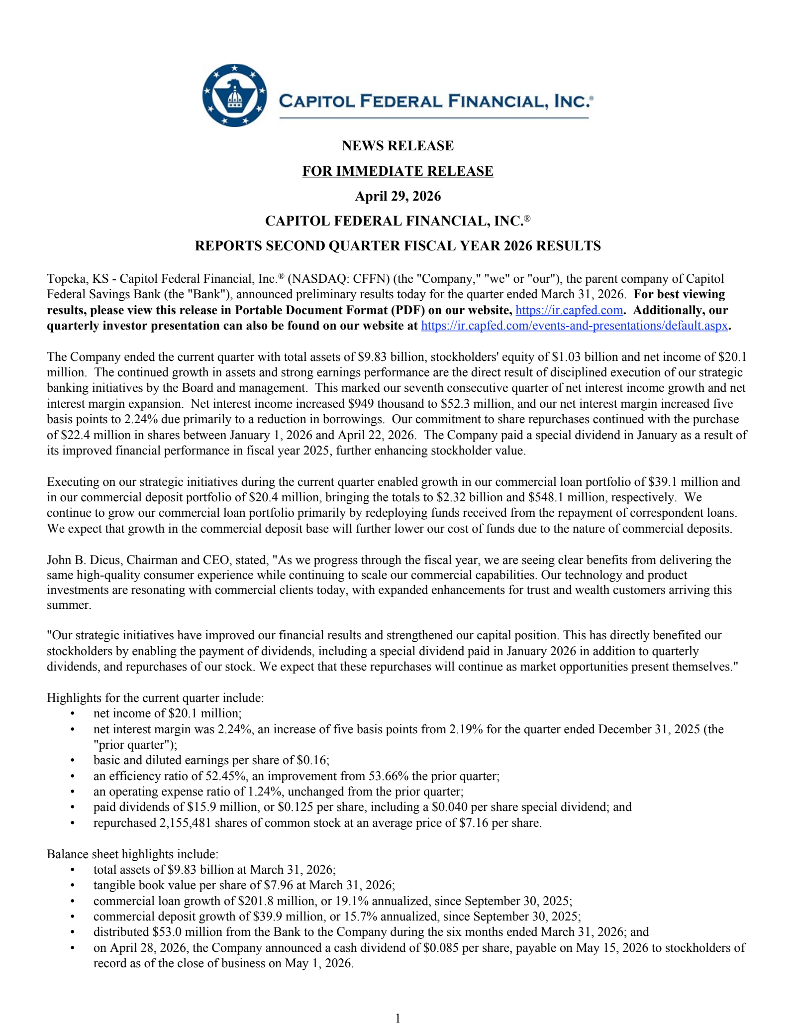 Capitol Federal Financial's Q2 2026 Press Release