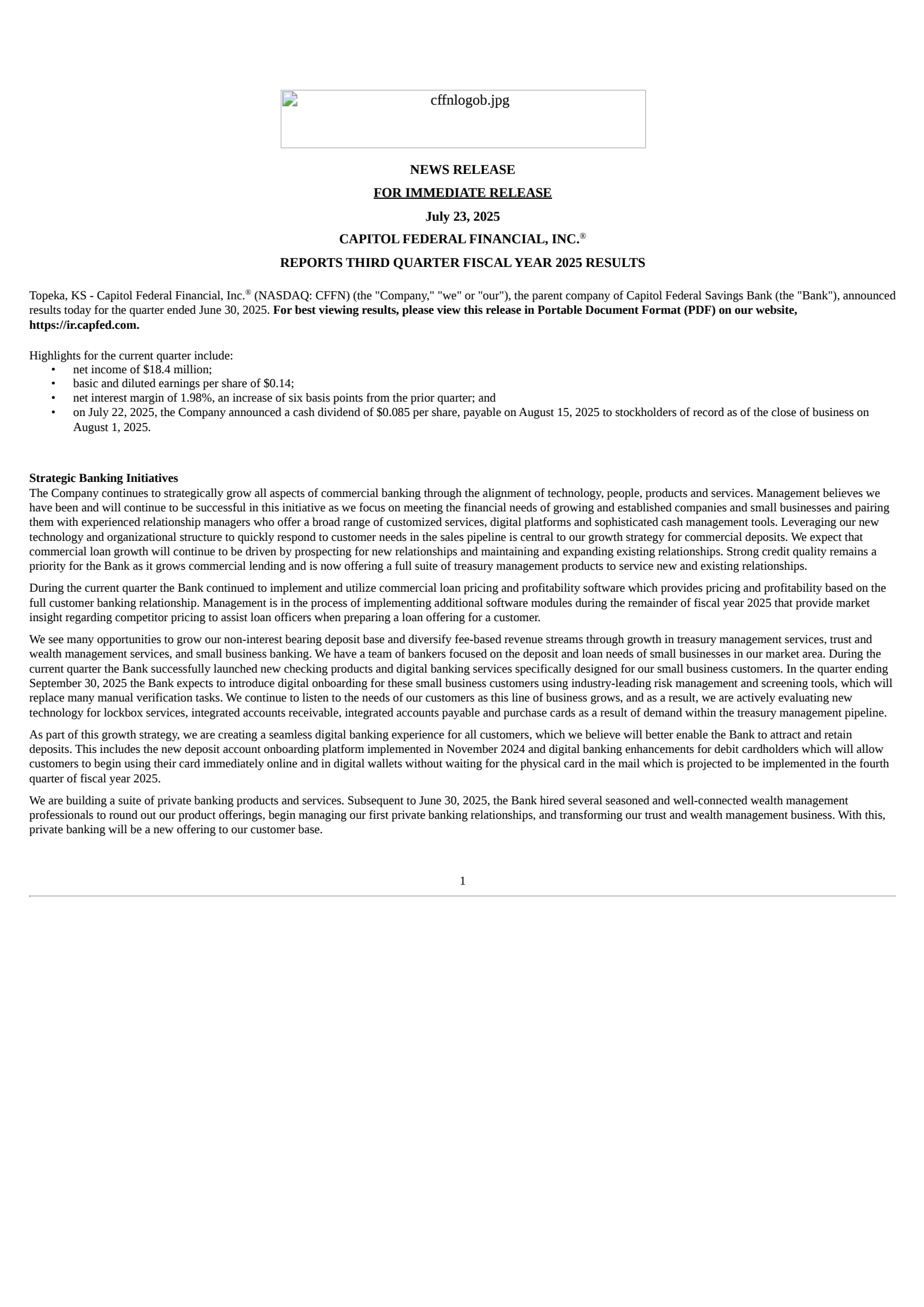 Capitol Federal Financial's Q3 2025 Press Release