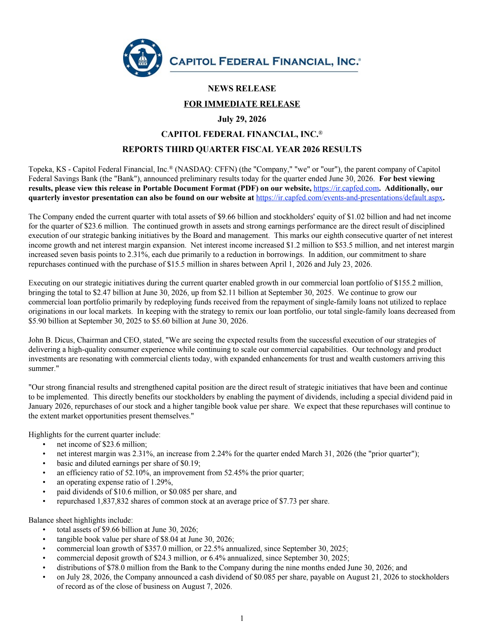Capitol Federal Financial's Q3 2026 Press Release