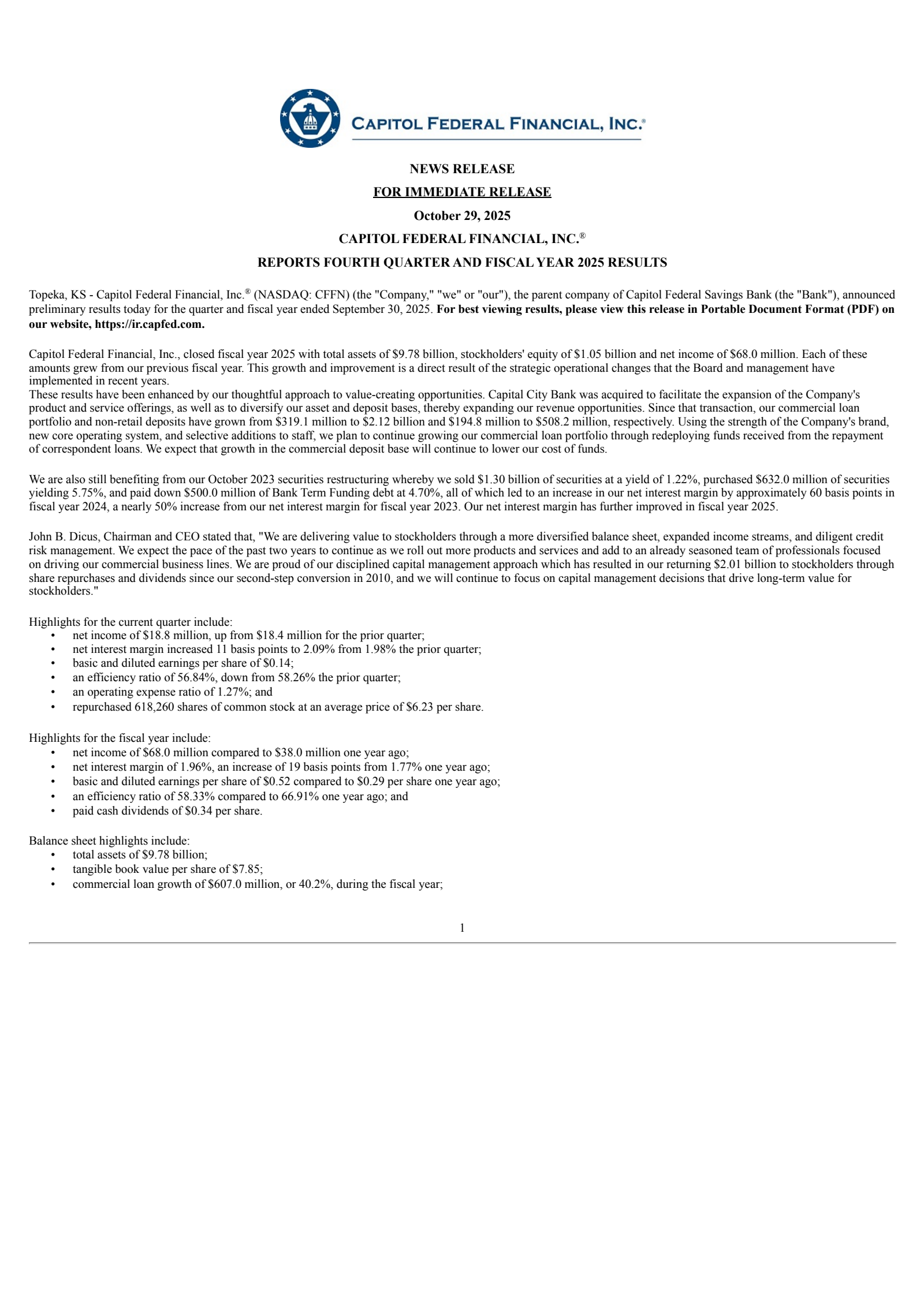 Capitol Federal Financial's Q4 2025 Earnings Release