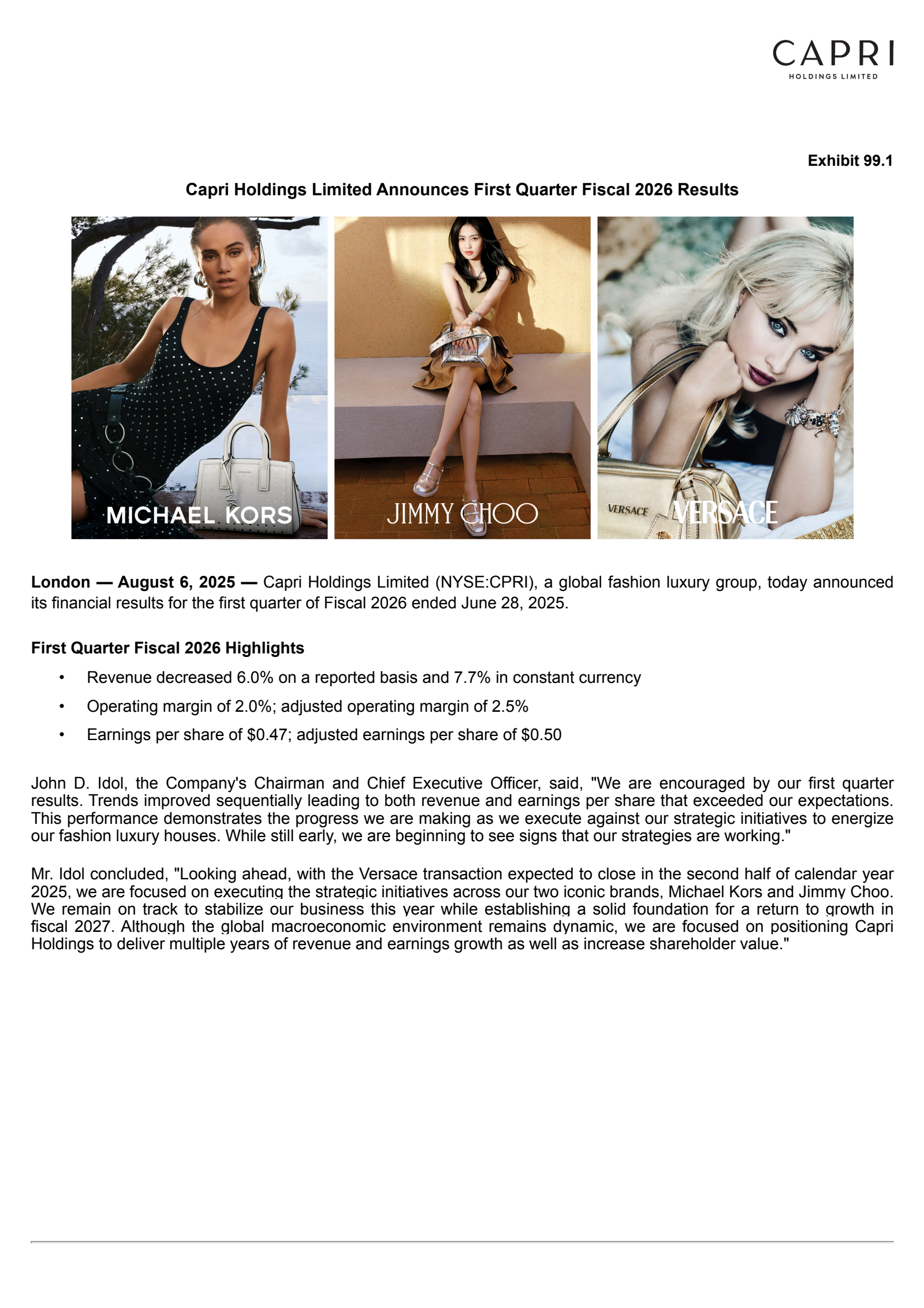 Capri's Q1 2026 Press Release