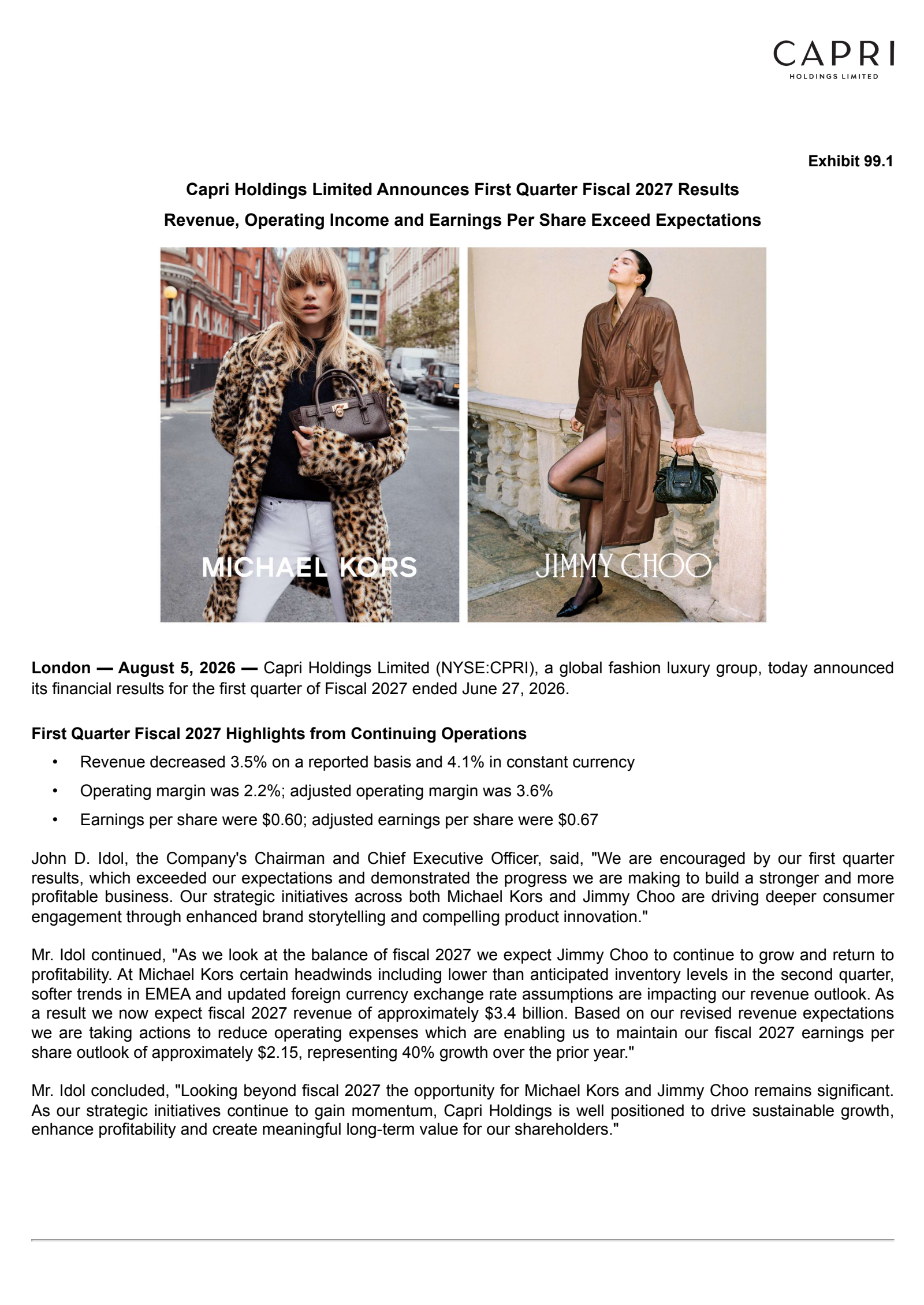 Capri's Q1 2027 Press Release