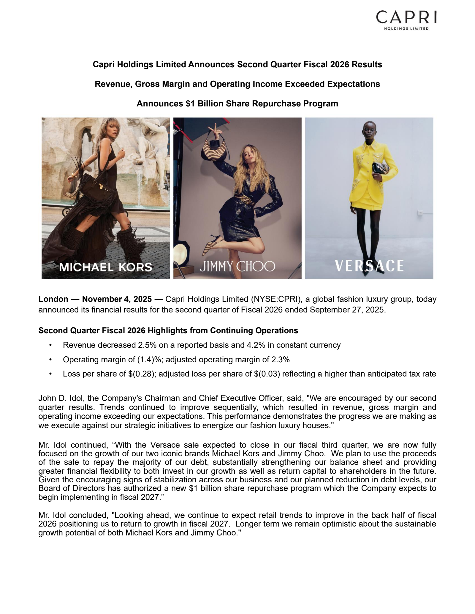 Capri's Q2 2026 Earnings Release