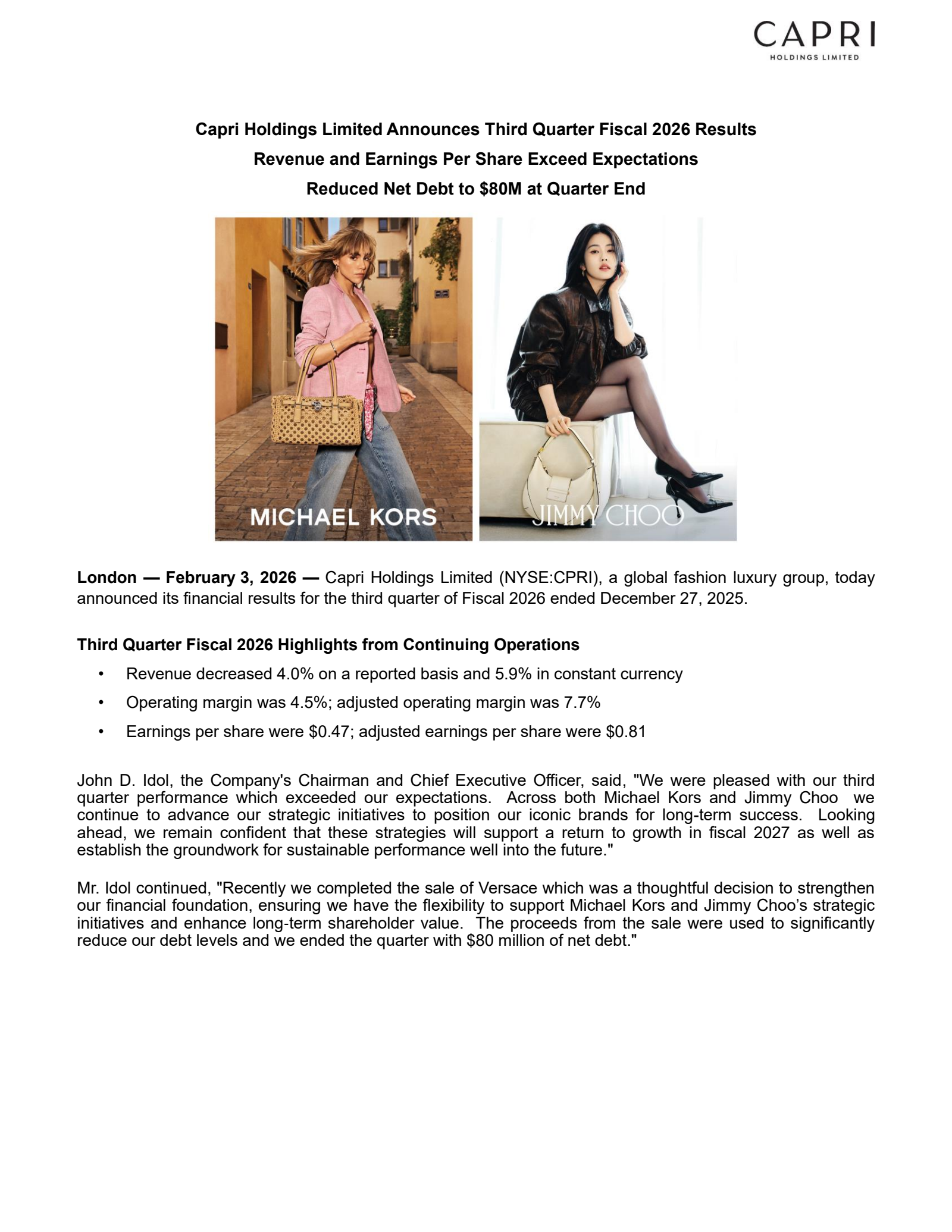 Capri's Q3 2026 Press Release