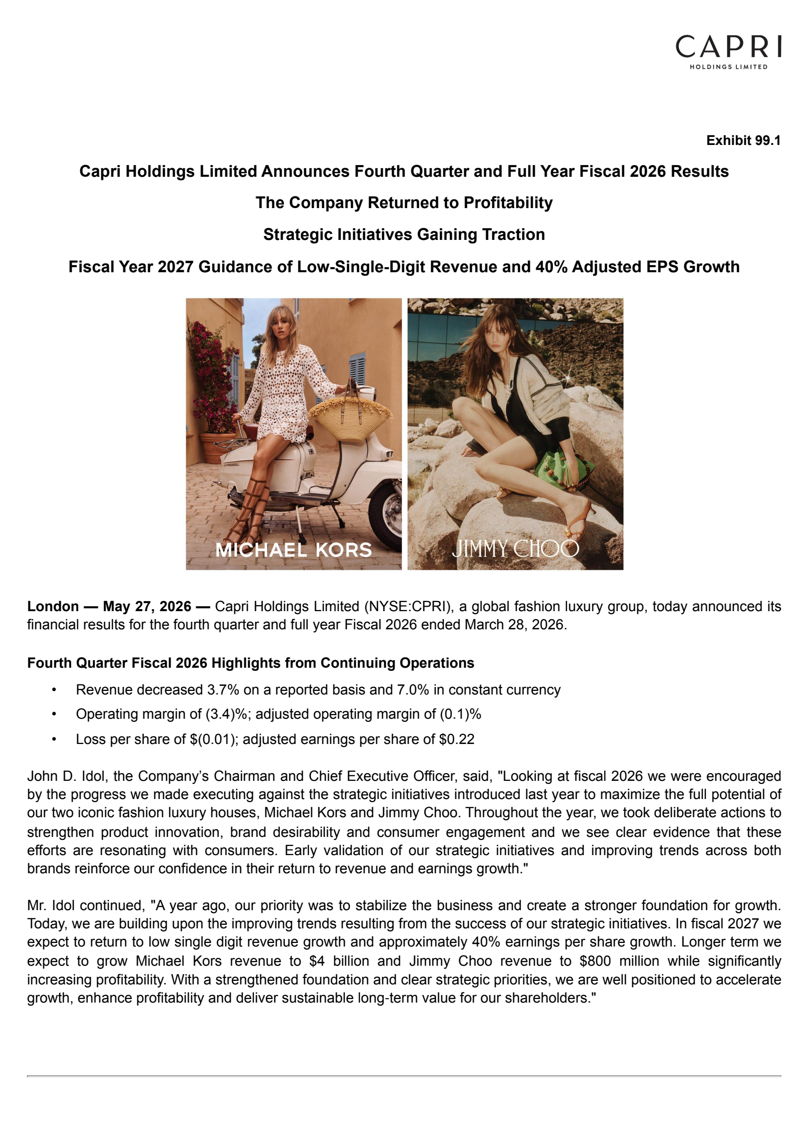 Capri's Q4 2026 Press Release