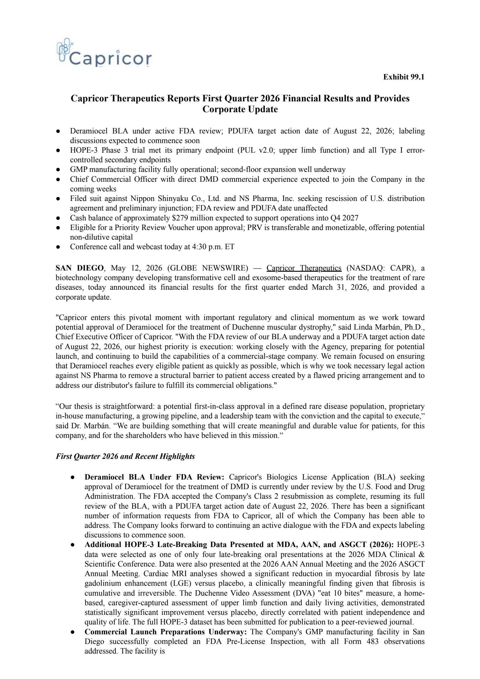 Capricor Therapeutics' Q1 2026 Press Release