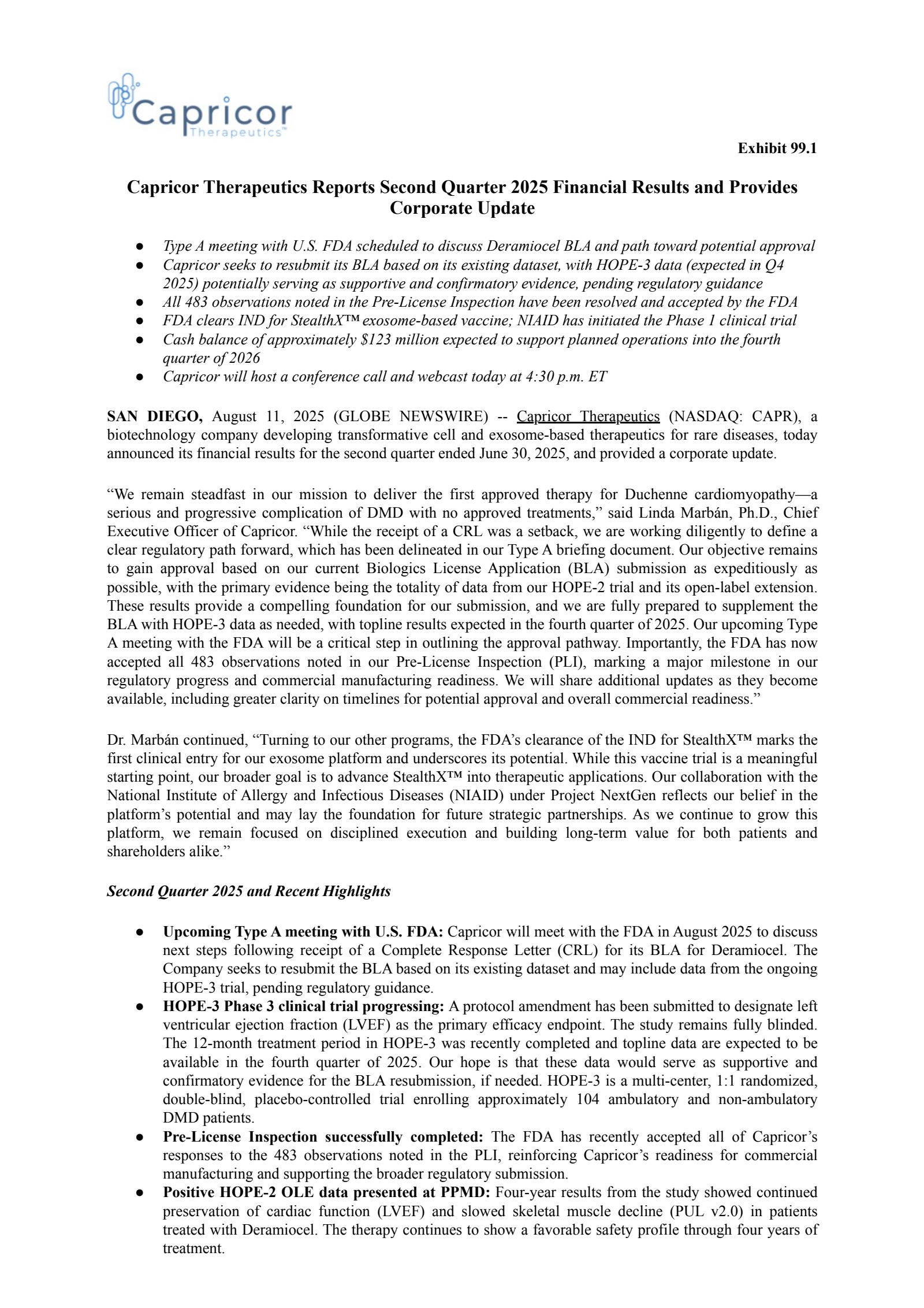 Capricor Therapeutics' Q2 2025 Press Release