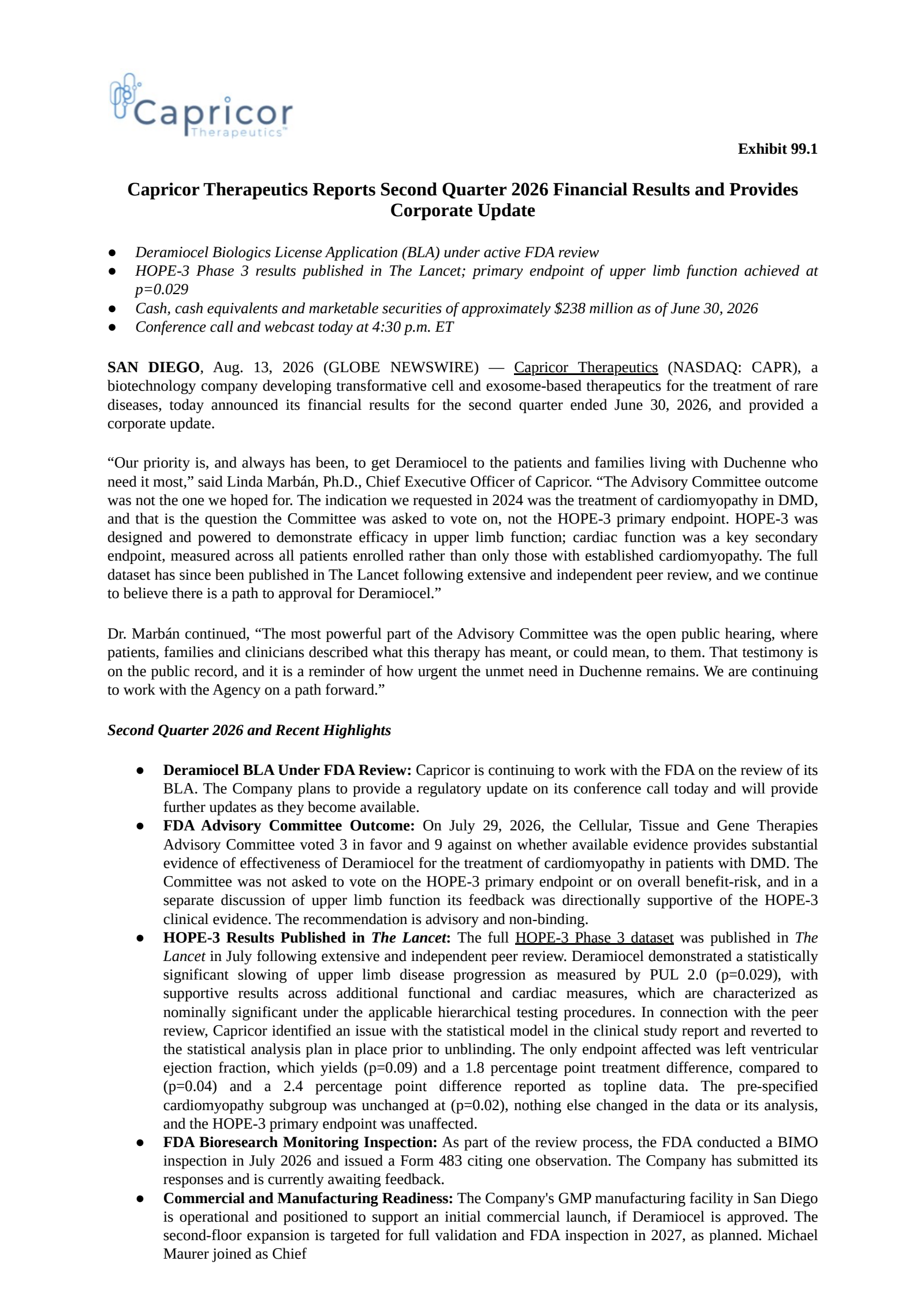 Capricor Therapeutics' Q2 2026 Press Release