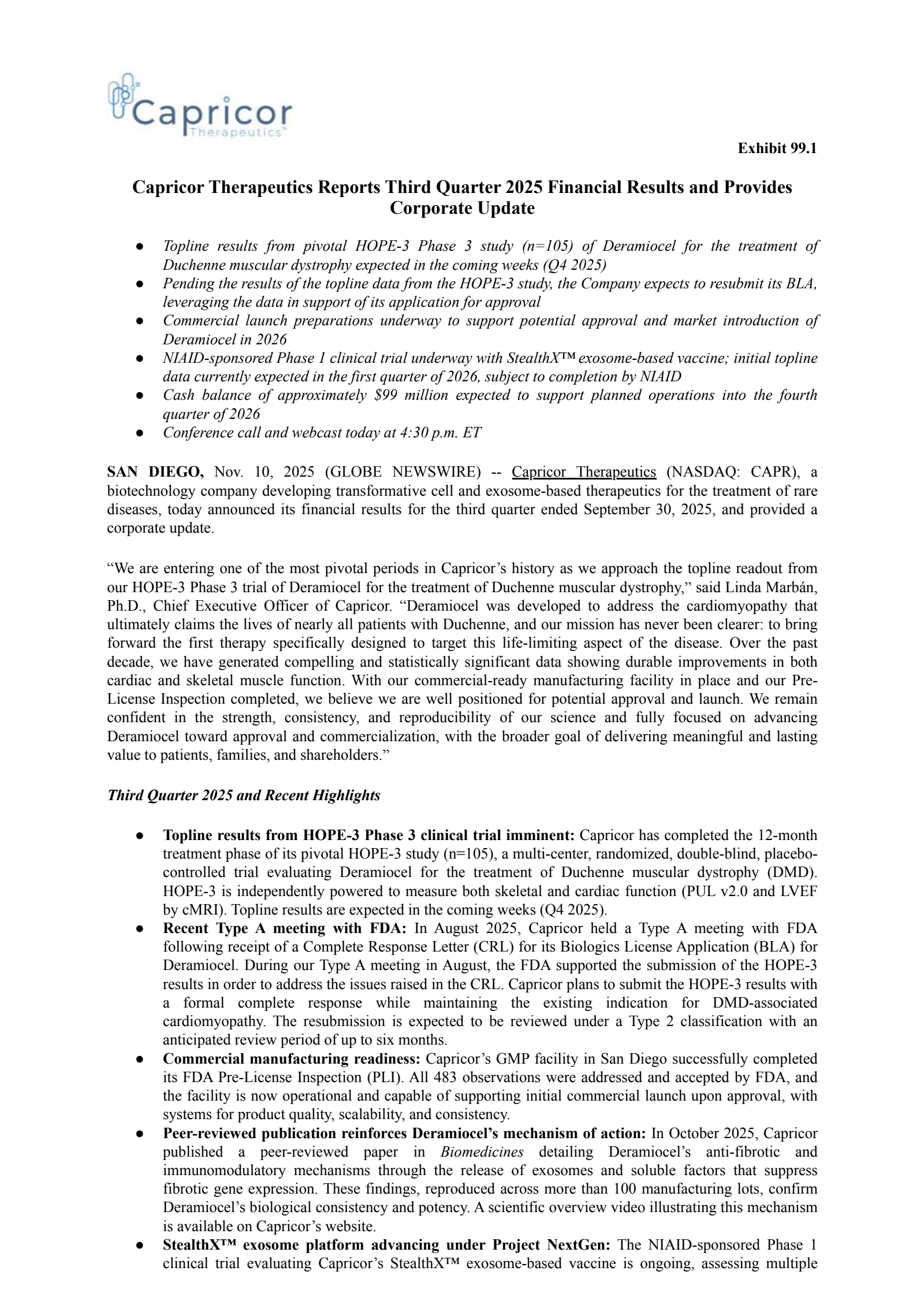 Capricor Therapeutics' Q3 2025 Earnings Release