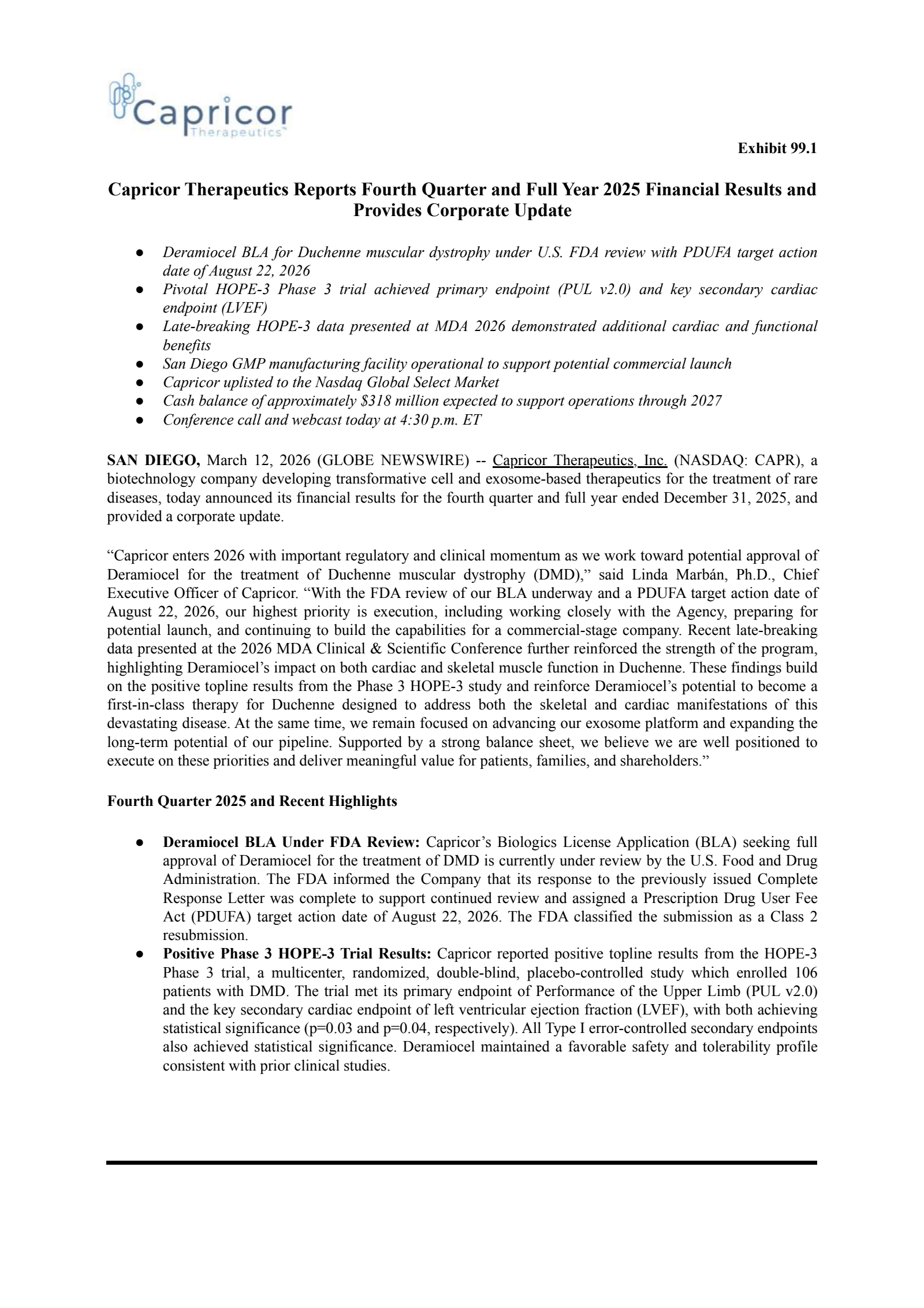 Capricor Therapeutics' Q4 2025 Press Release