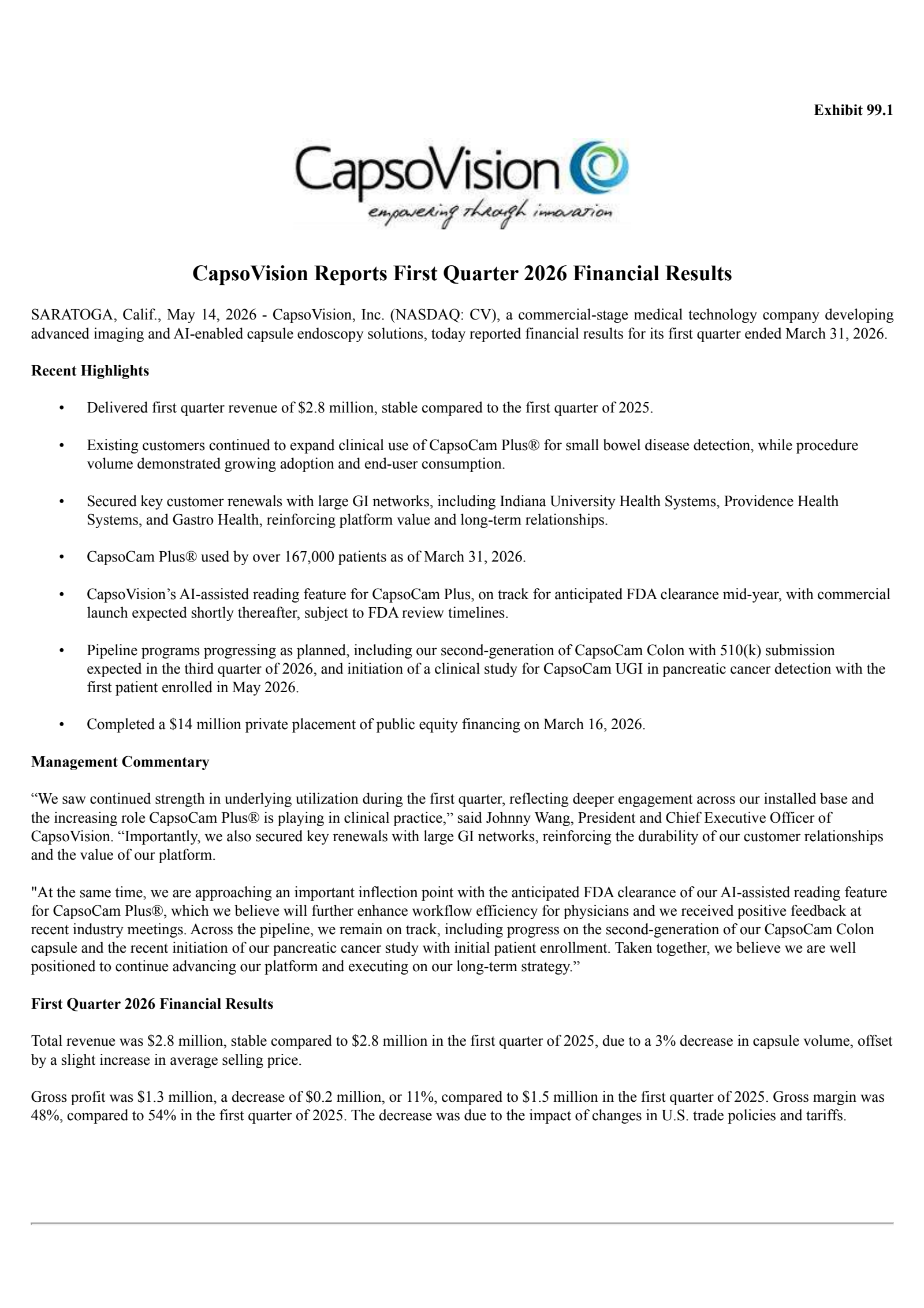 CapsoVision's Q1 2026 Press Release