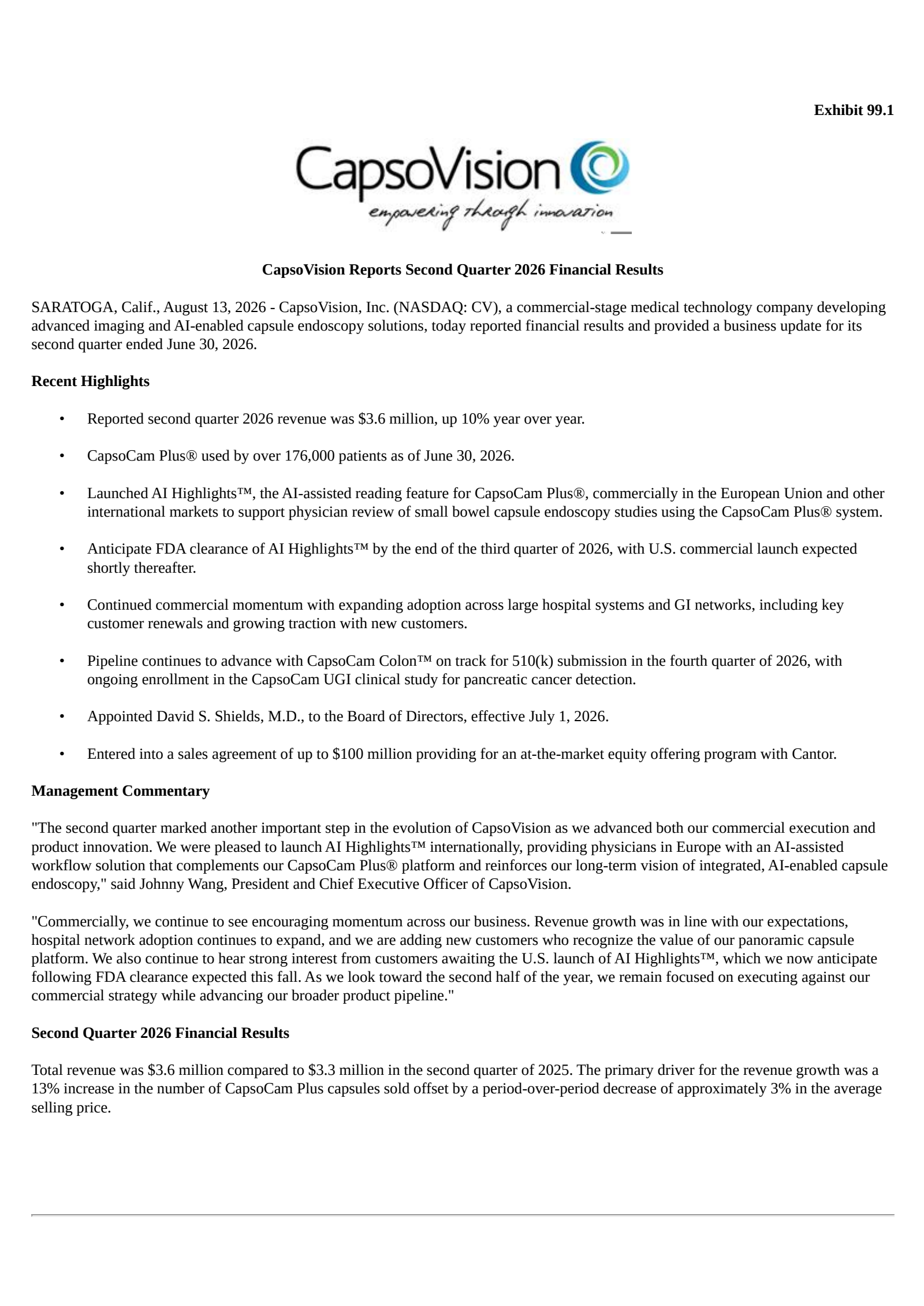 CapsoVision's Q2 2026 Press Release