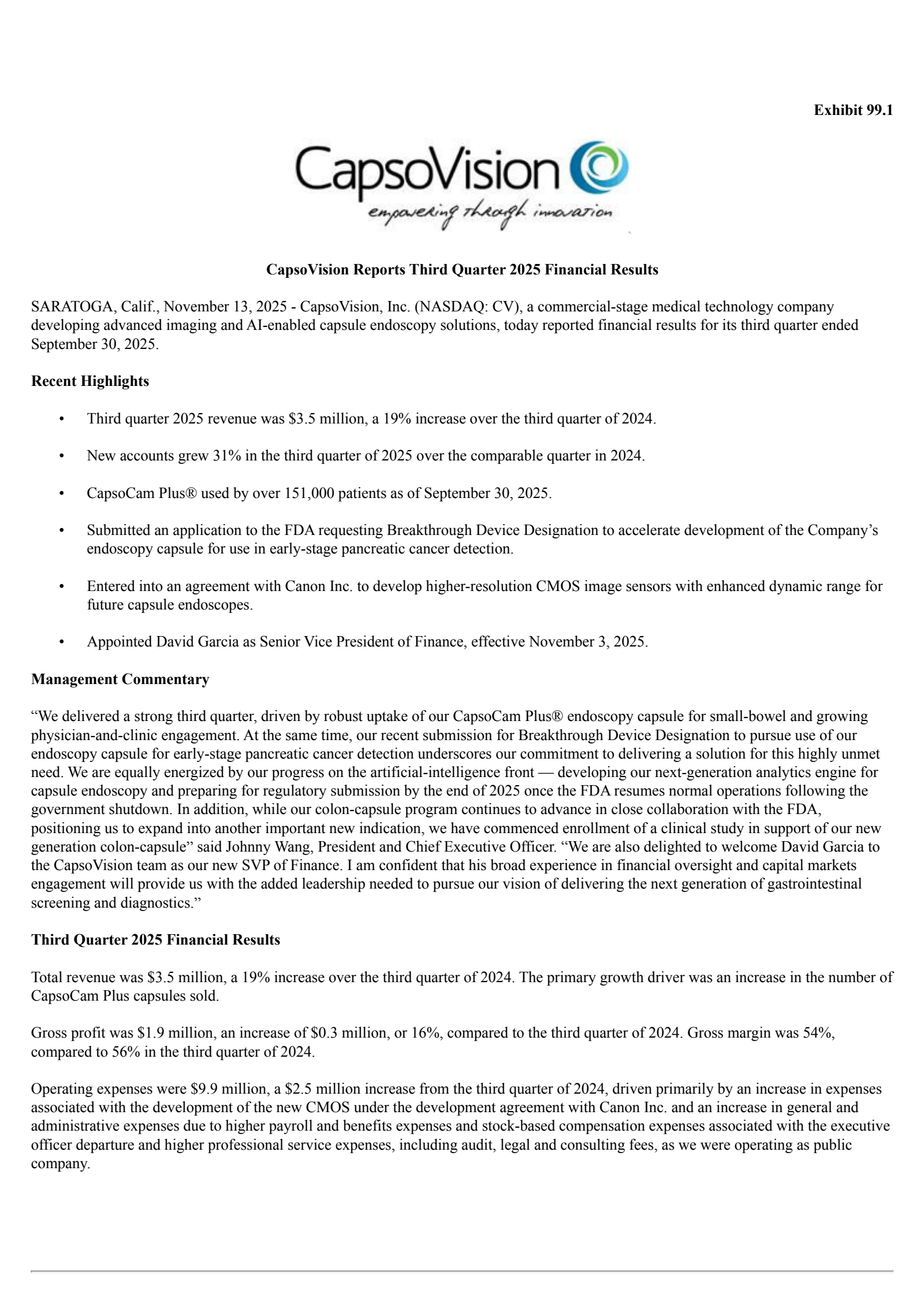 CapsoVision's Q3 2025 Earnings Release