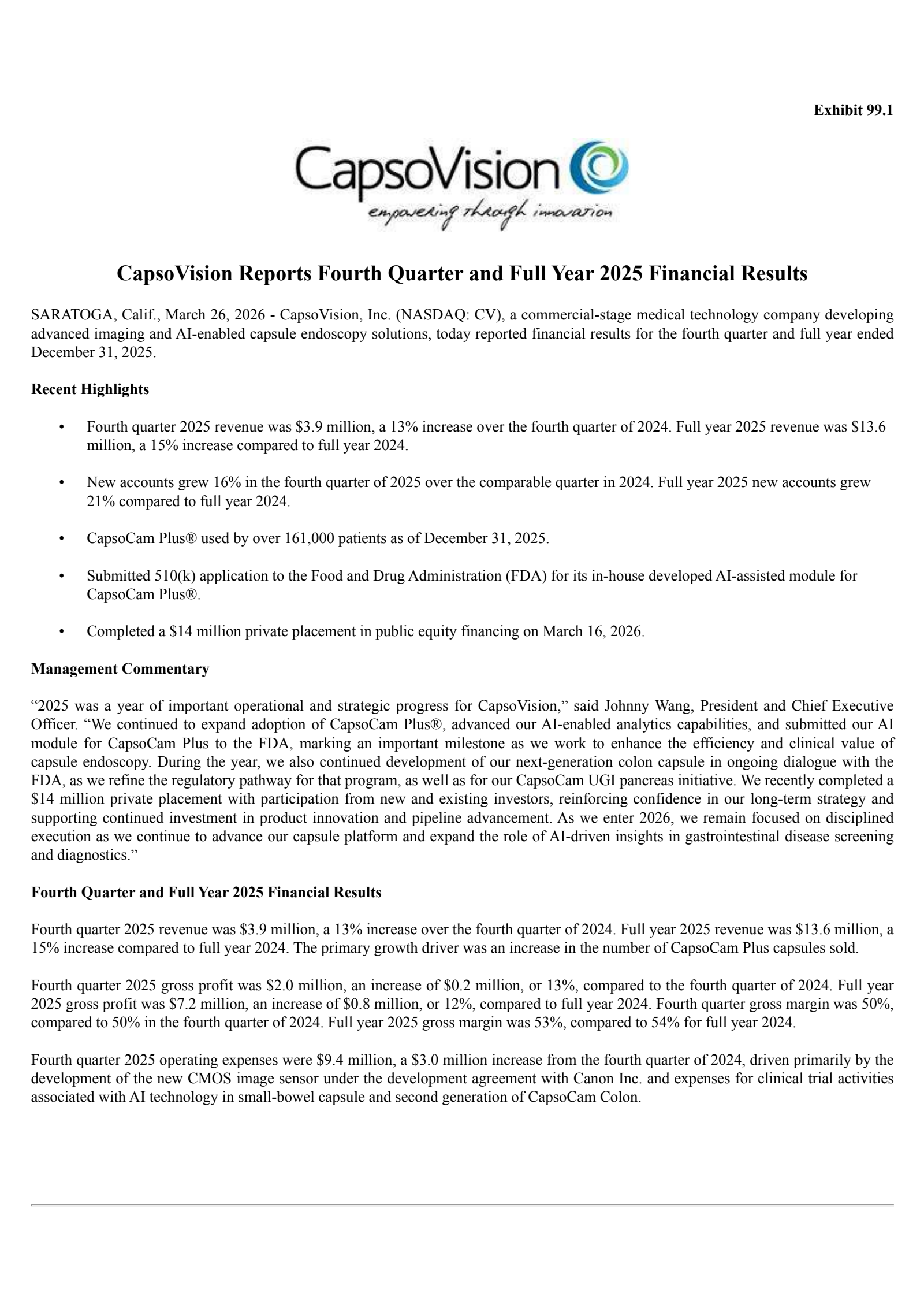 CapsoVision's Q4 2025 Press Release