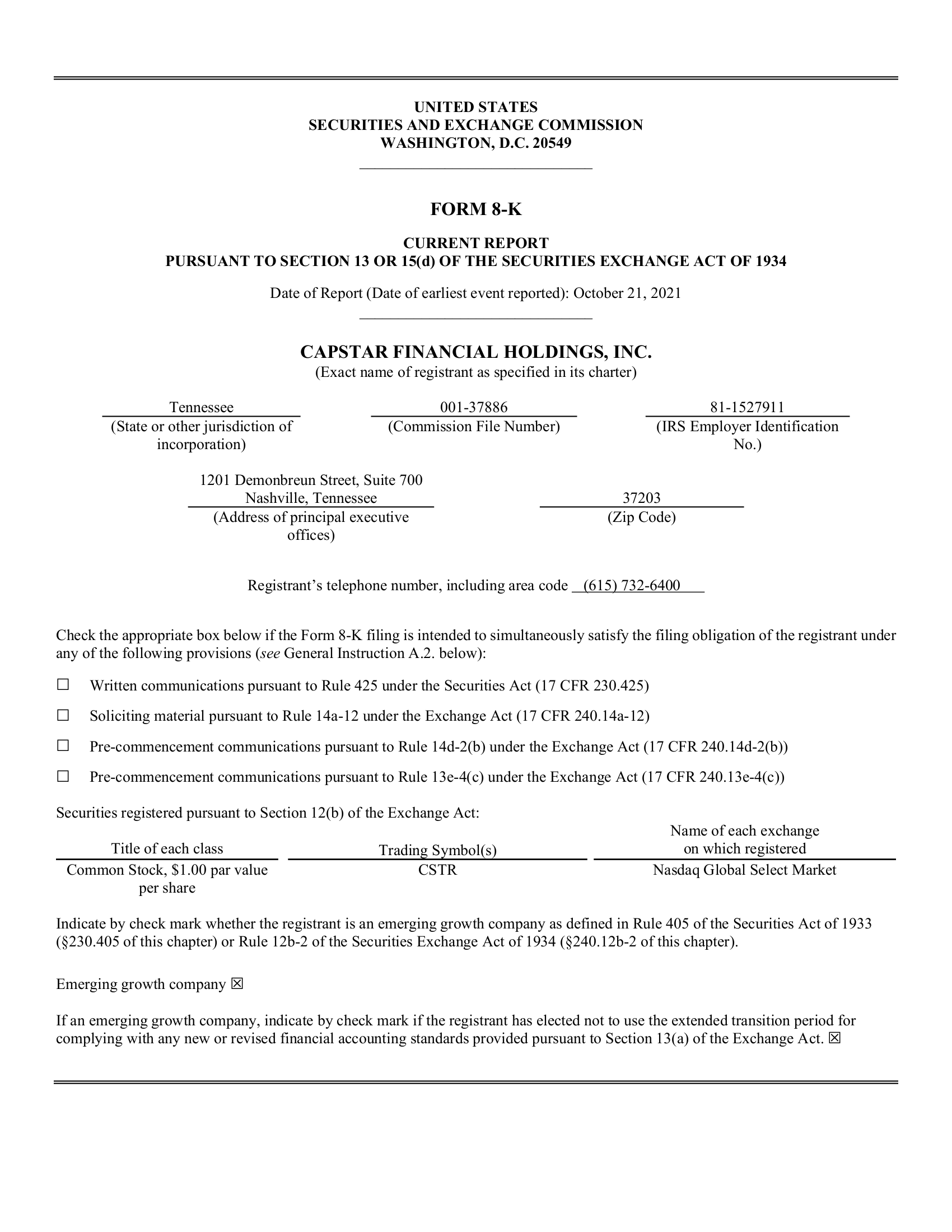 CapStar Financial's Q3 2021 Press Release