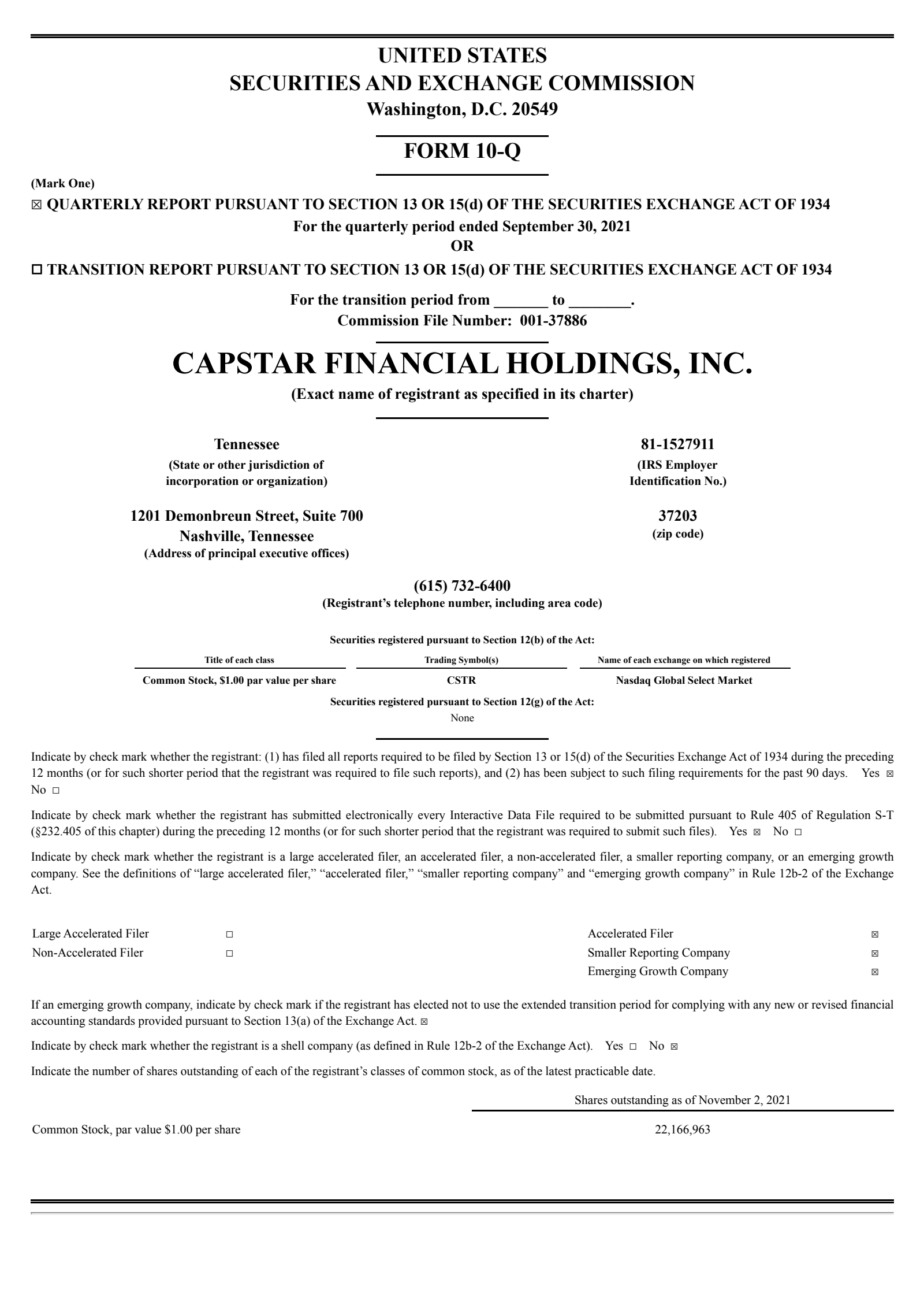 CapStar Financial's Q3 2021 Quarterly report