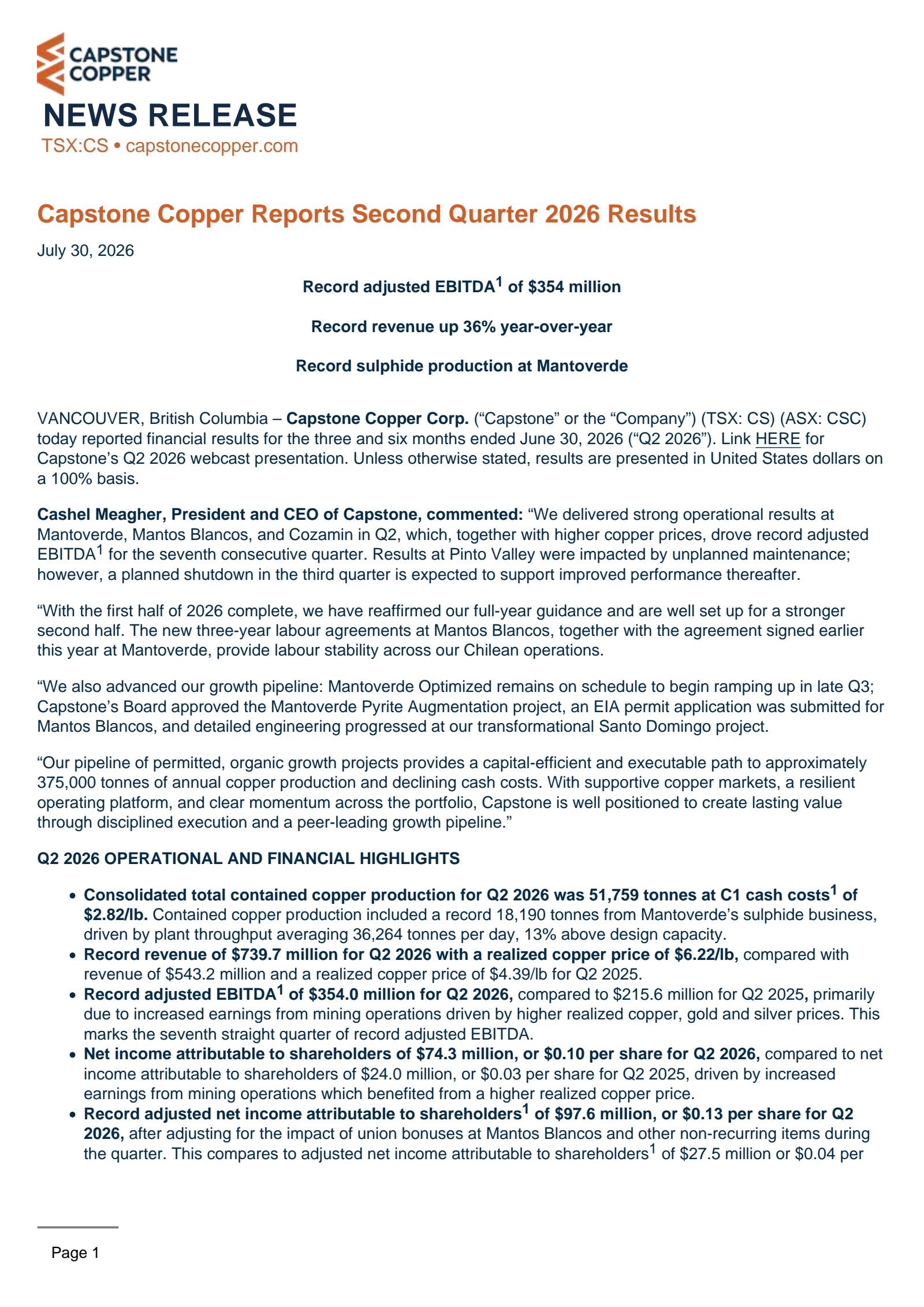 Capstone Copper's Q2 2026 Press Release