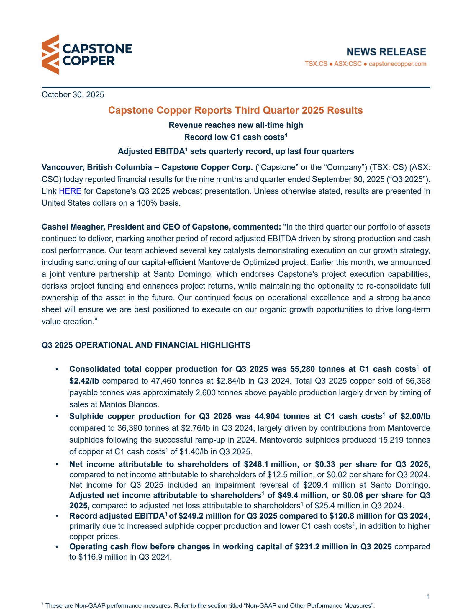 Capstone Copper's Q3 2025 Earnings Release