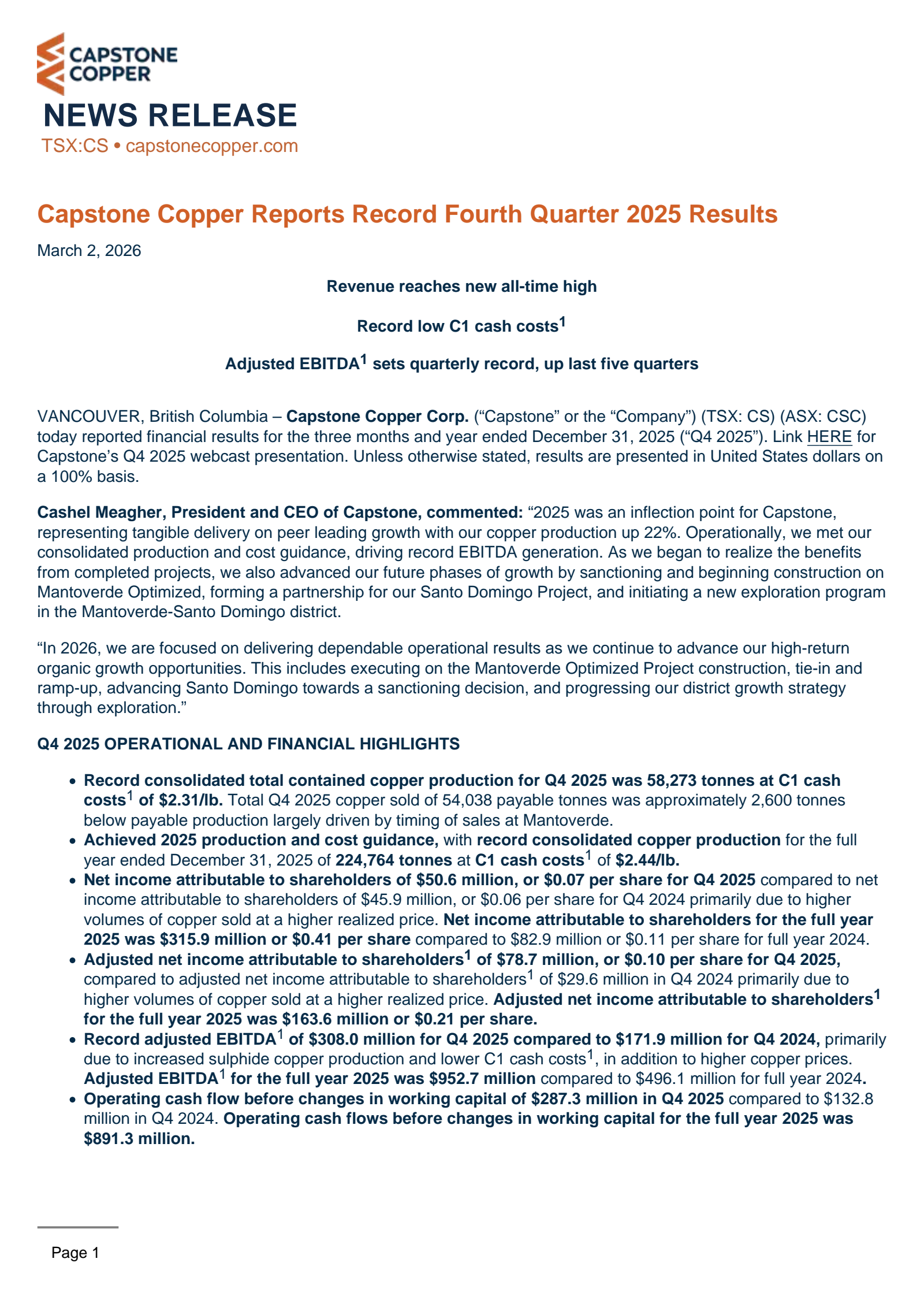 Capstone Copper's Q4 2025 Press Release