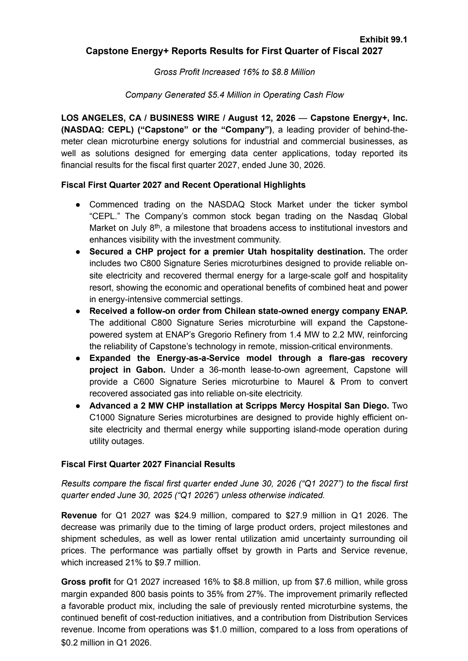 Capstone Energy+'s Q1 2027 Press Release