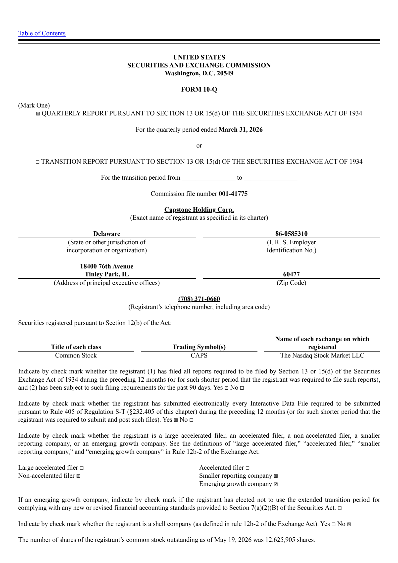 Capstone Therapeutics' Q1 2026 Quarterly report