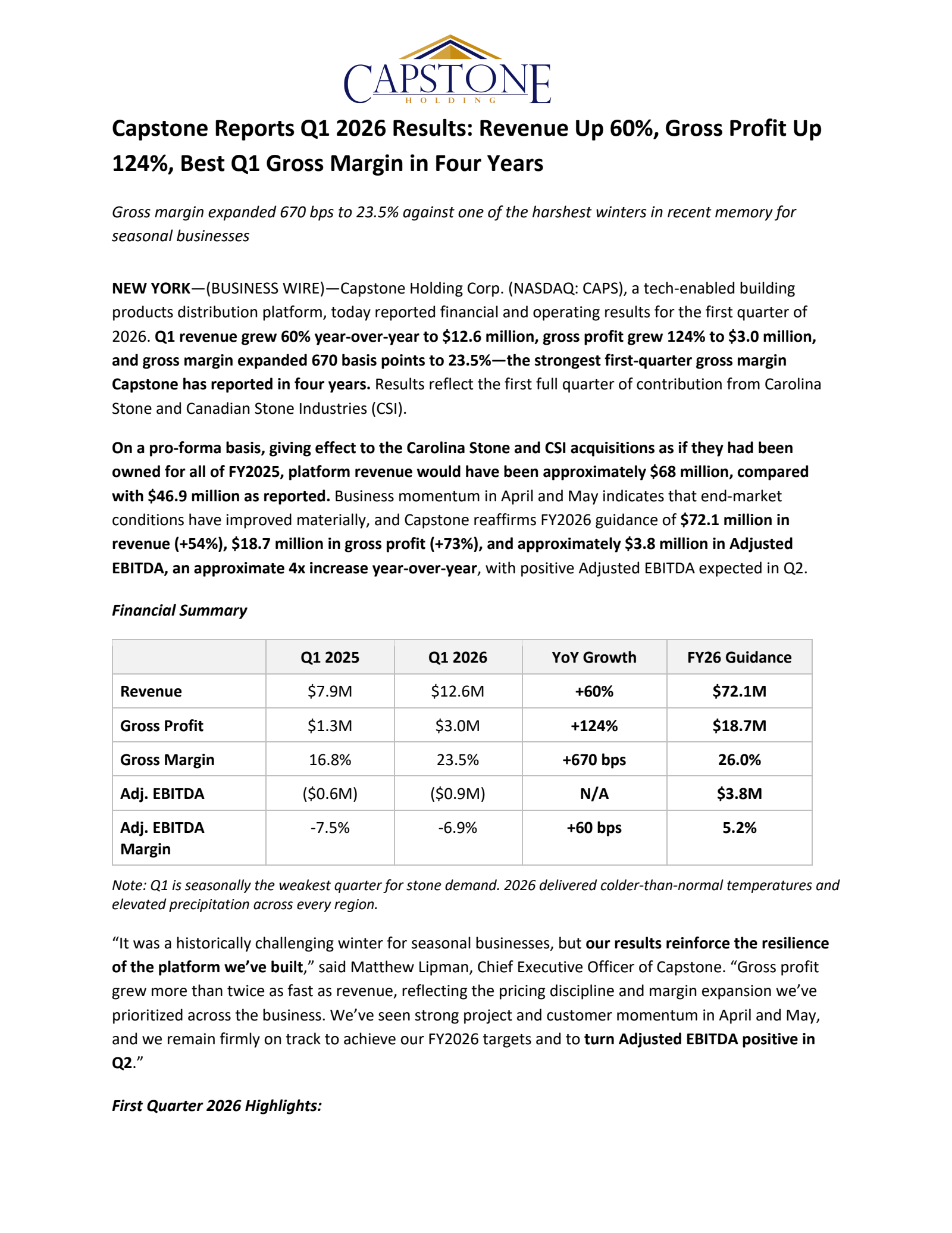 Capstone Therapeutics' Q1 2026 Press Release