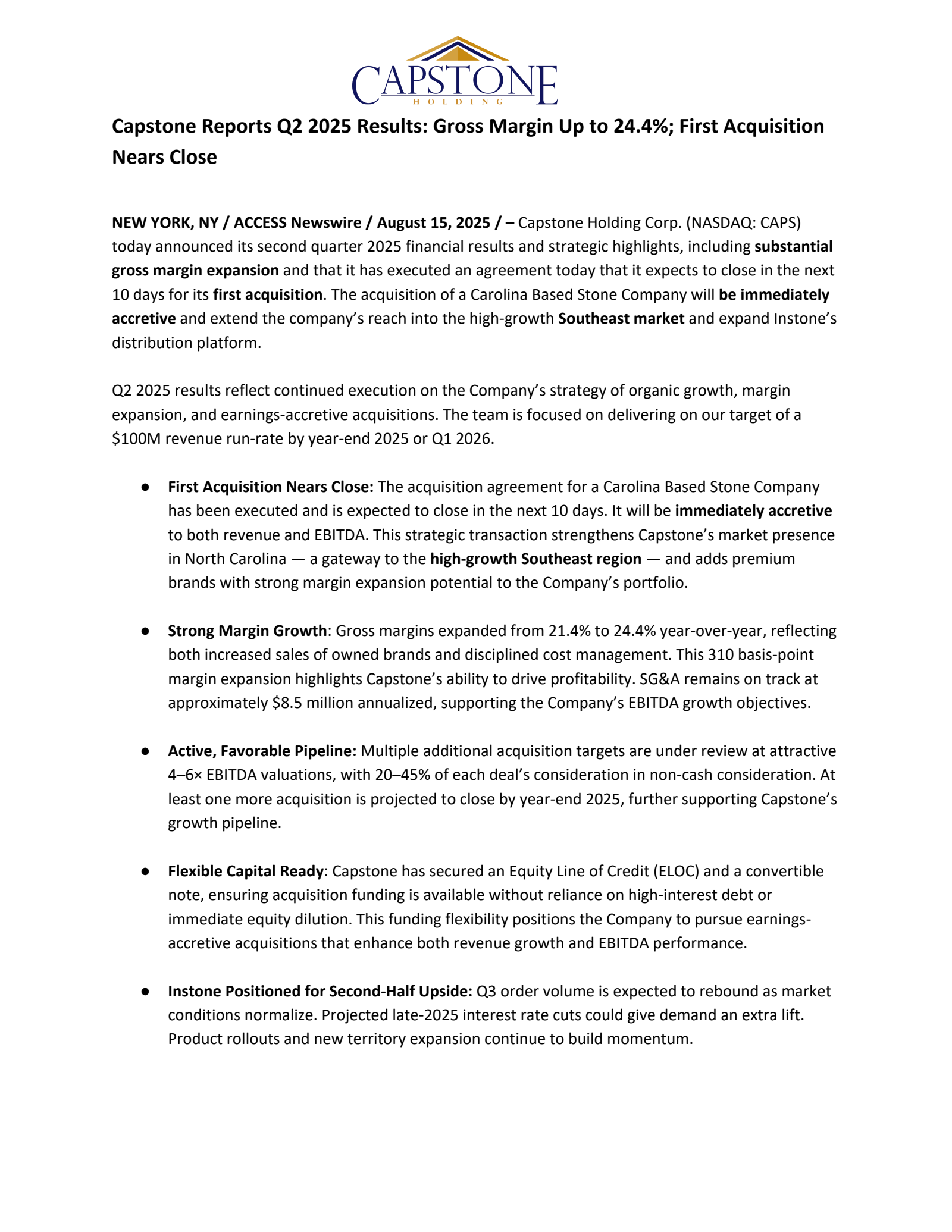 Capstone Therapeutics' Q2 2025 Press Release