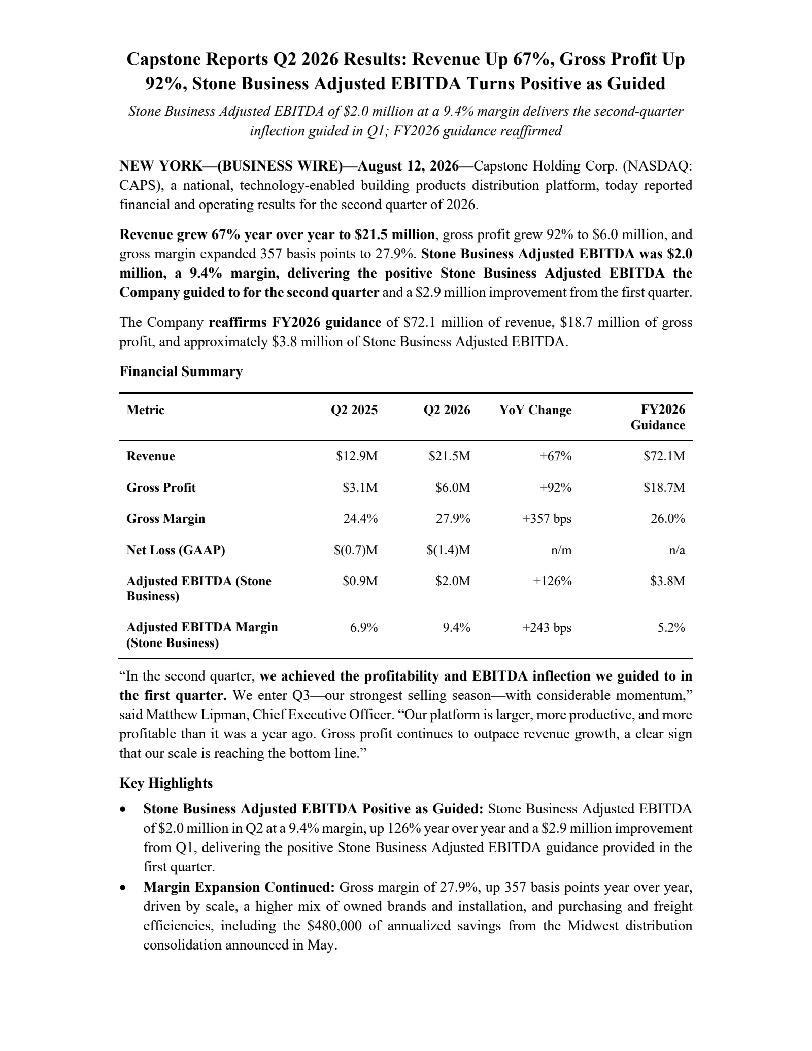 Capstone Therapeutics' Q2 2026 Press Release