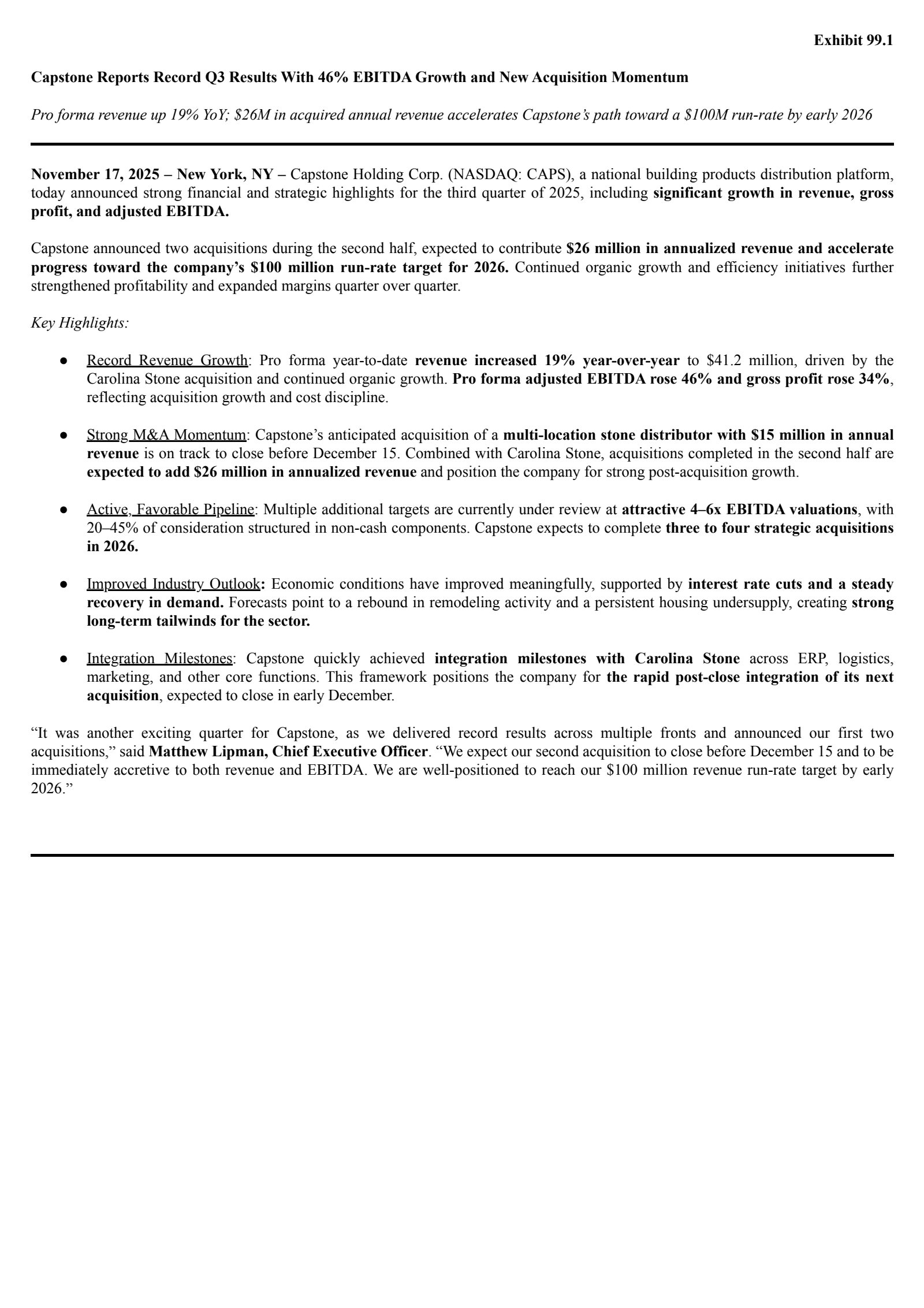 Capstone Therapeutics' Q3 2025 Earnings Release
