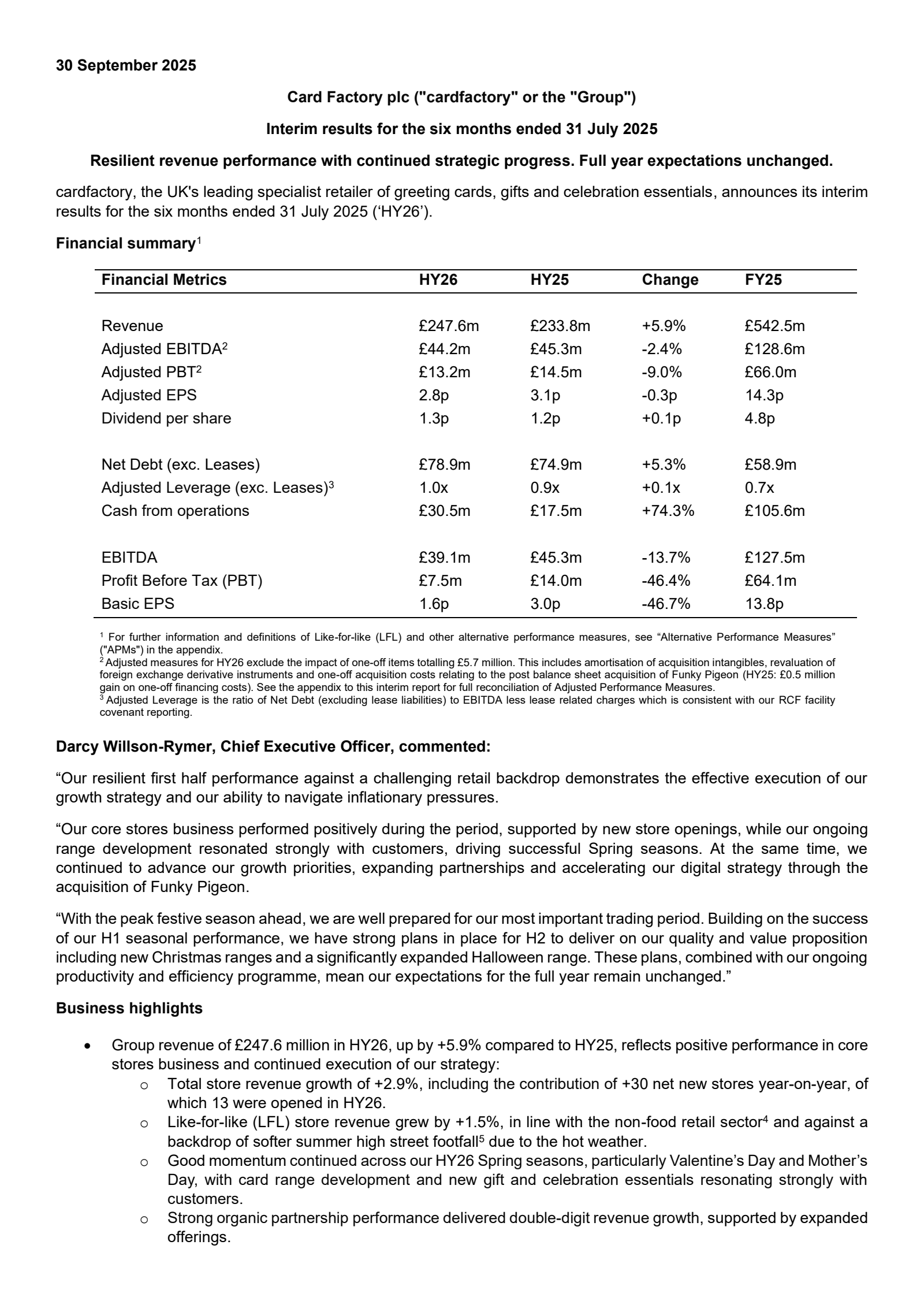 Card Factory's H1 2026 Interim Report
