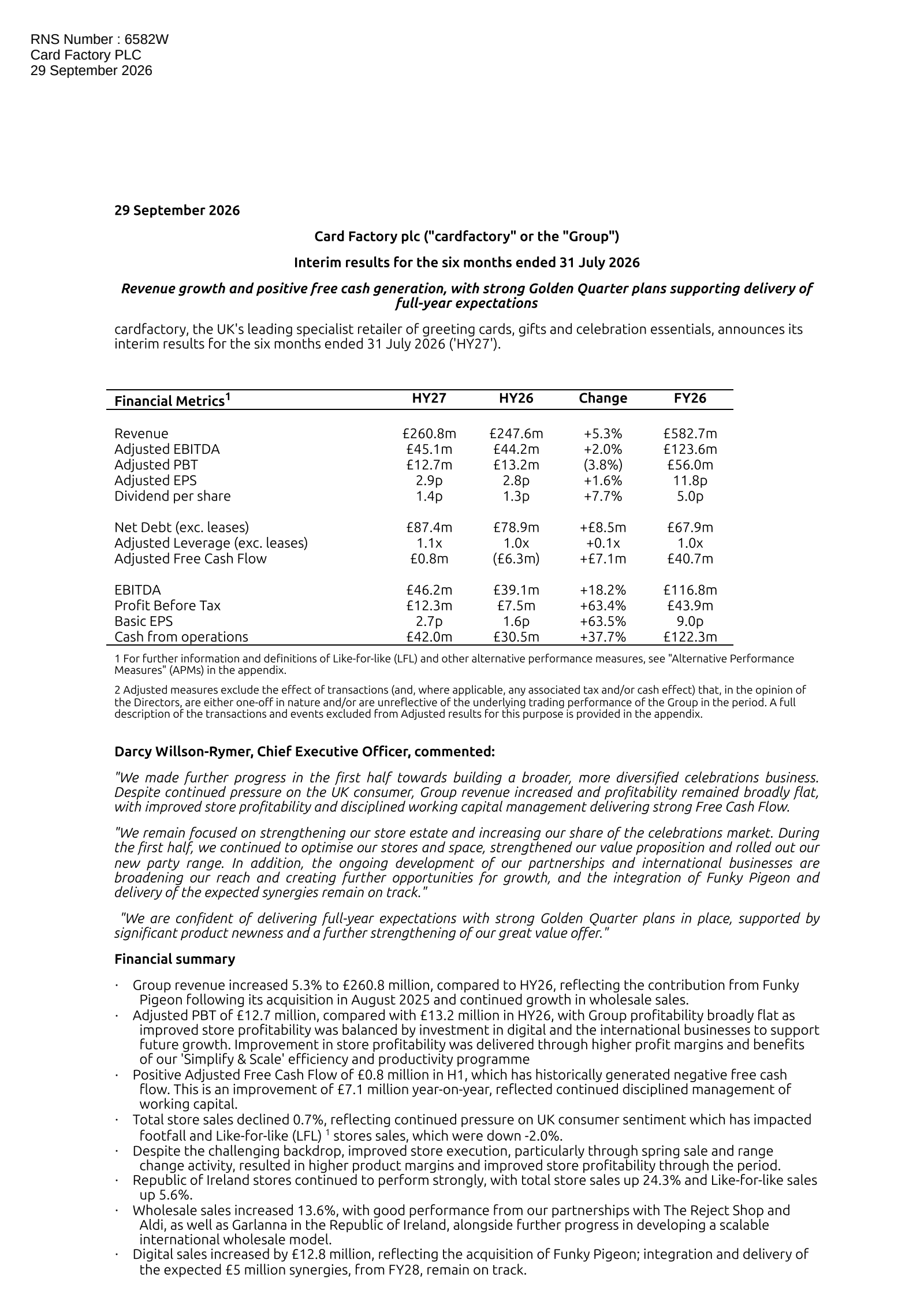 Card Factory's H1 2027 Interim report